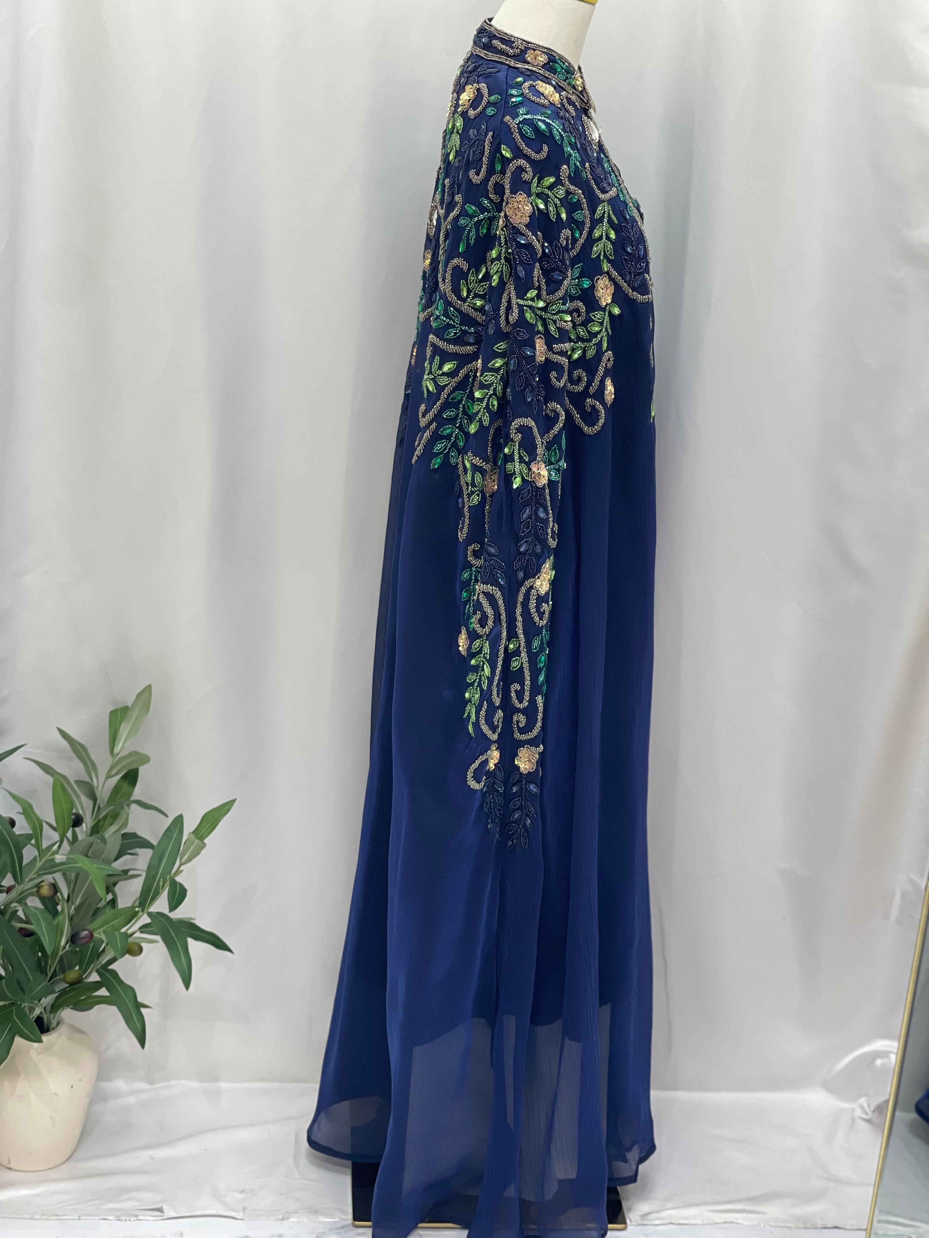 Royal Blue Bejeweled Cape cardigan by Palestinian Elegance with intricate floral embroidery and sheer fabric detail