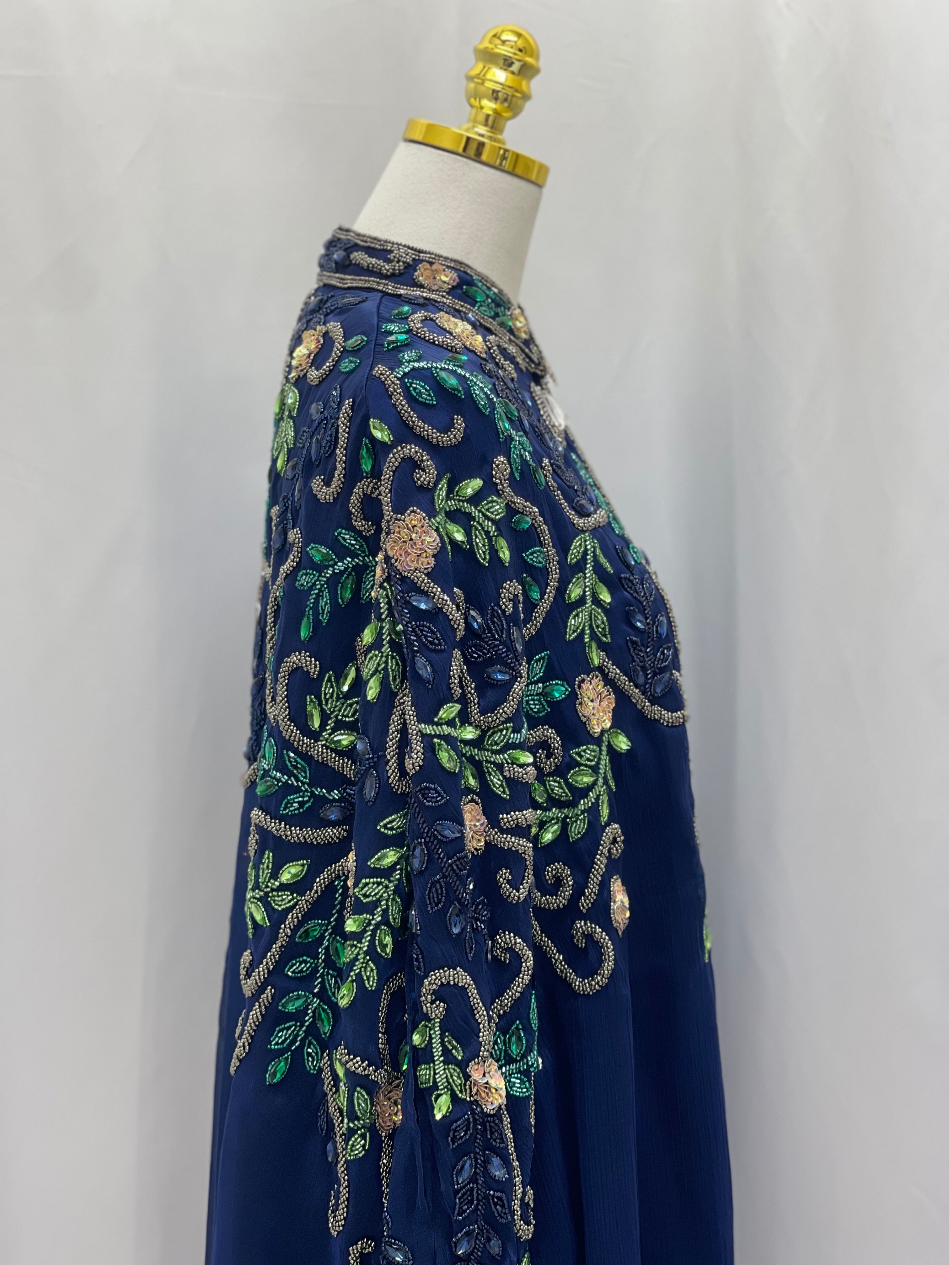 Palestinian Elegance Royal Blue Bejeweled Cape cardigan with intricate green and gold embroidery details