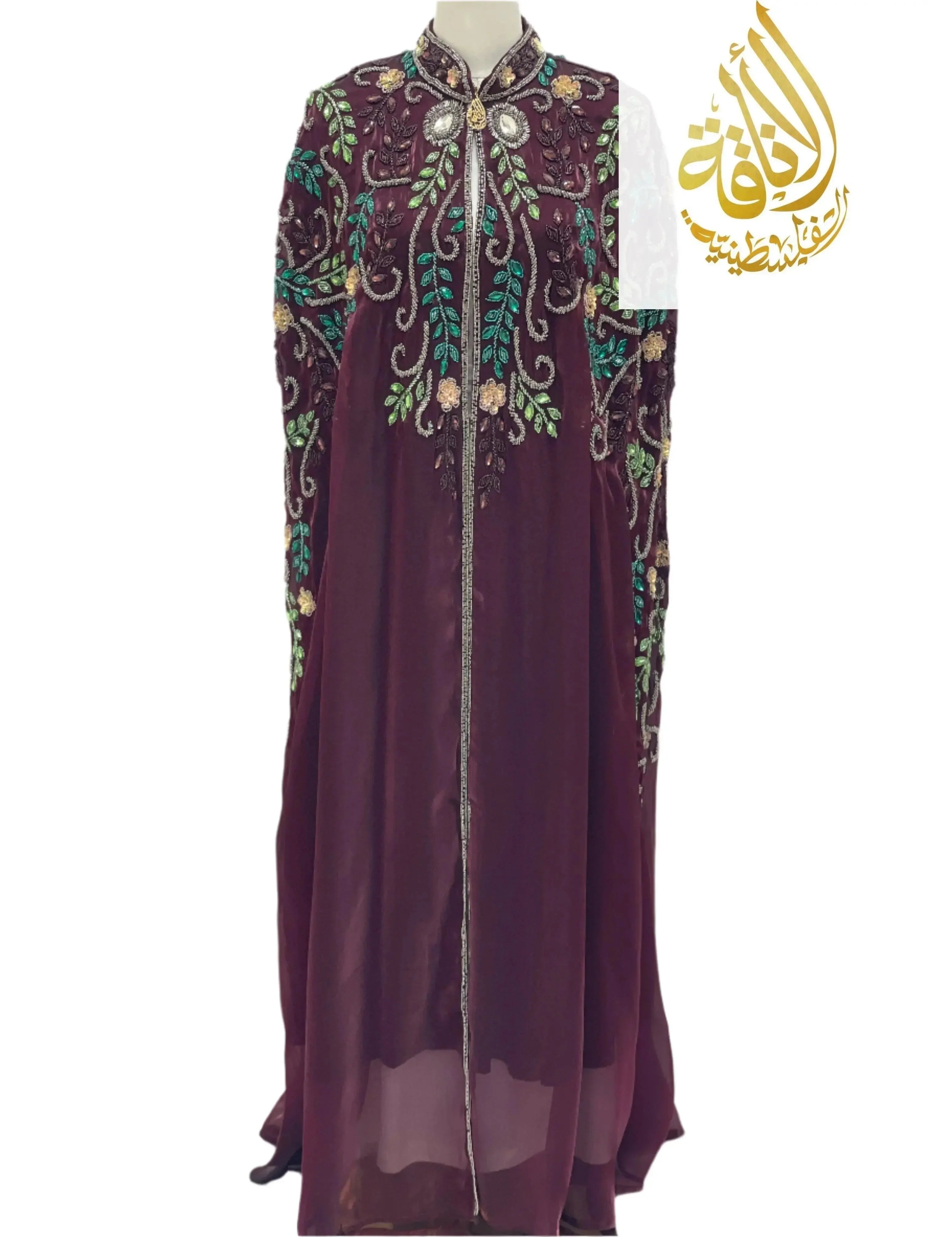 Palestinian Elegance luxury bejeweled cape abaya in deep purple with intricate green and gold embroidery