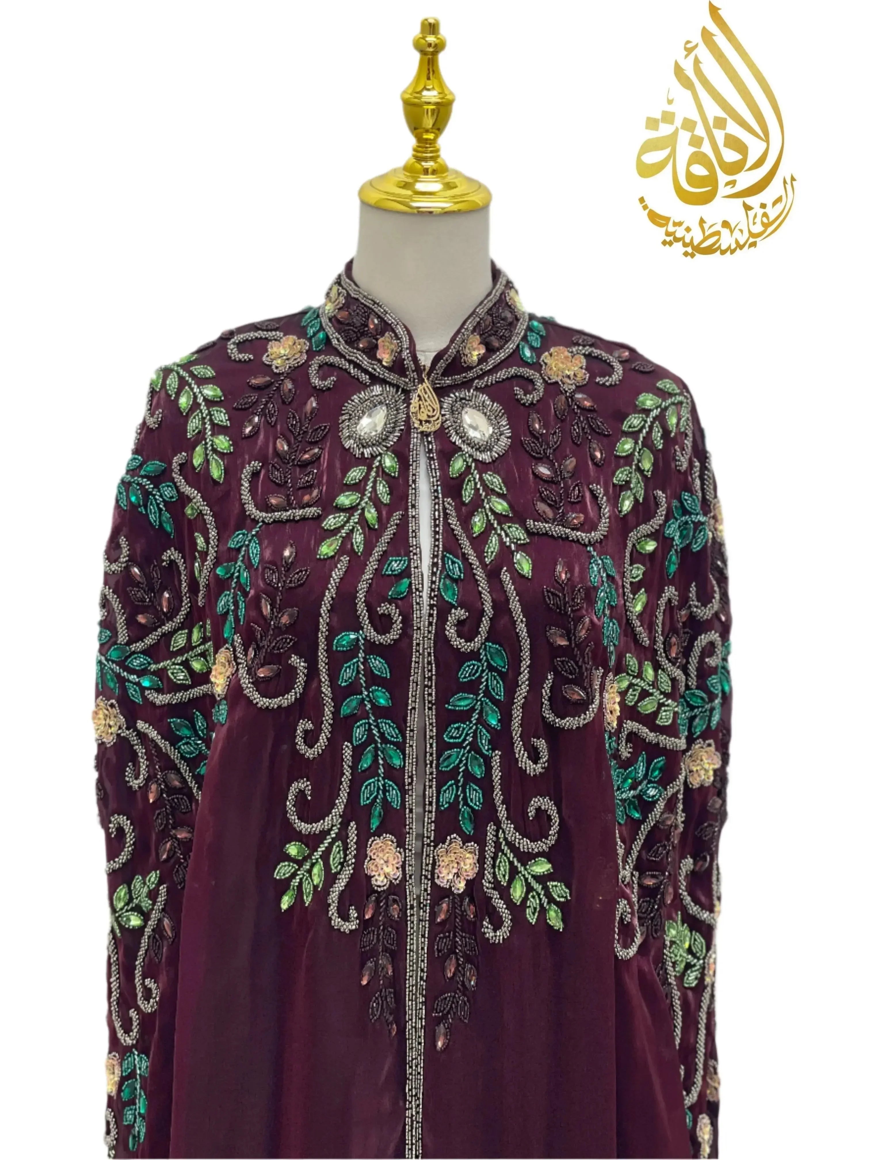 Palestinian Elegance Luxury Bejeweled Cape abaya in deep purple with intricate floral embroidery