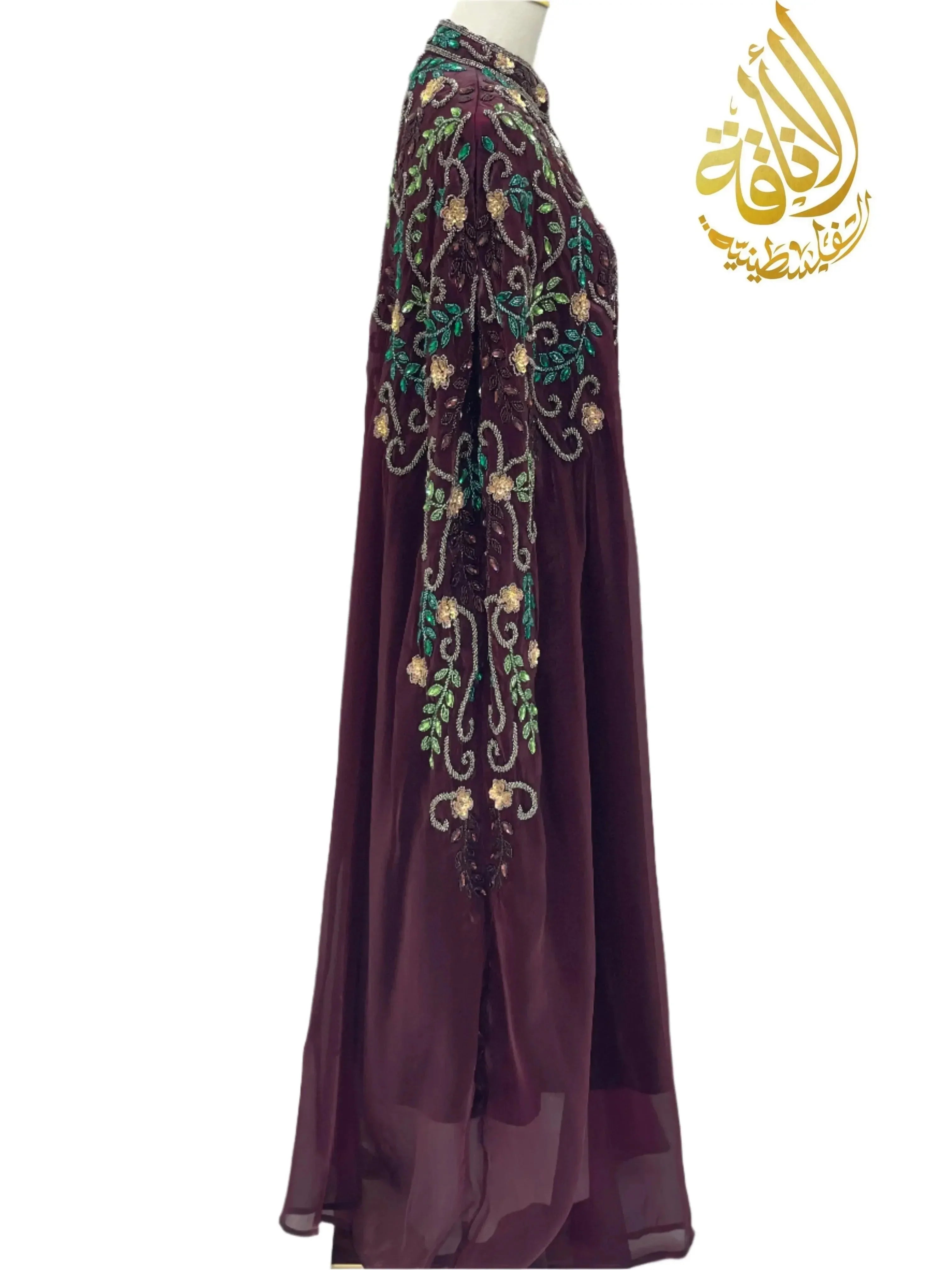 Palestinian Elegance Luxury Bejeweled Cape purple abaya with intricate green and gold embroidery