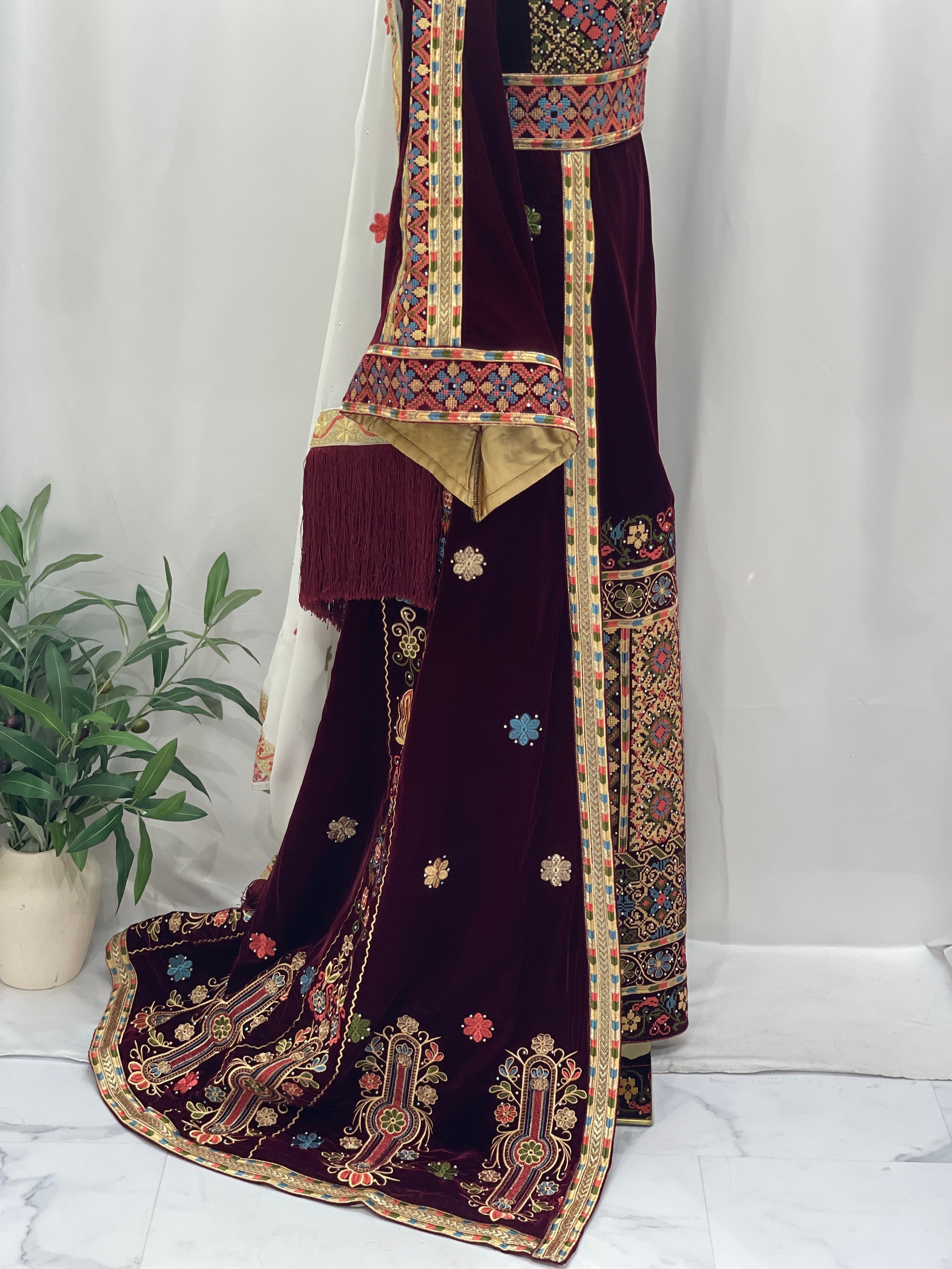 Maise Velvet Embroidered Thoub in deep burgundy with intricate floral designs and elegant detailing