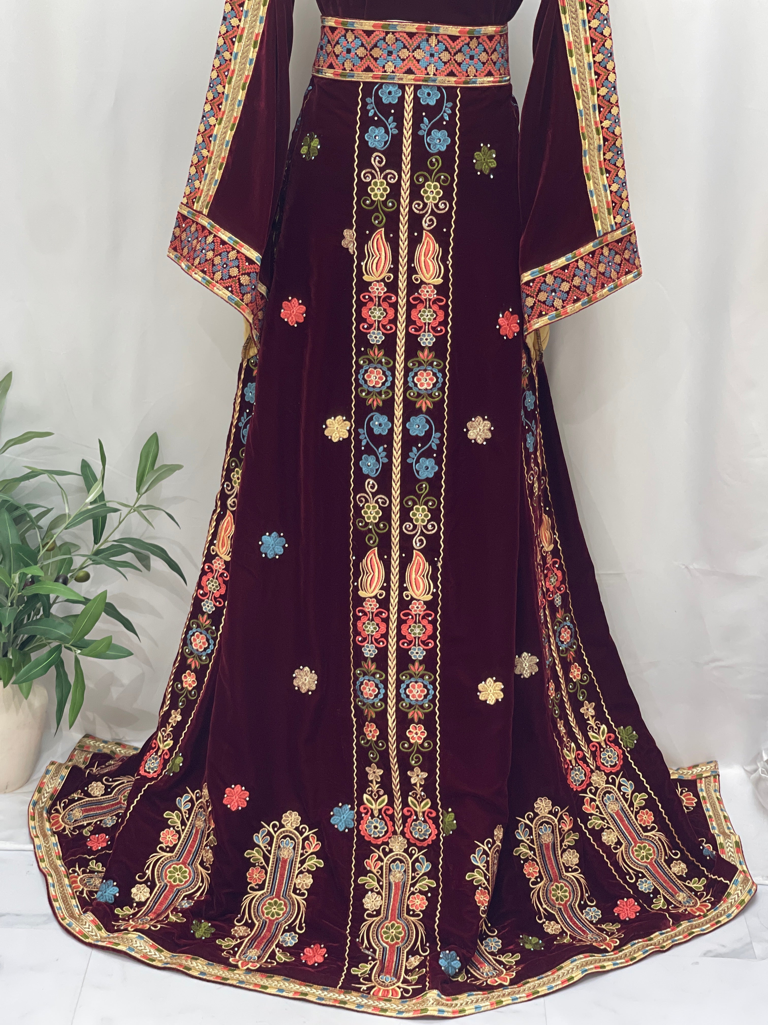 Maise Velvet Embroidered Thoub in burgundy with colorful floral embroidery and elegant bell sleeves