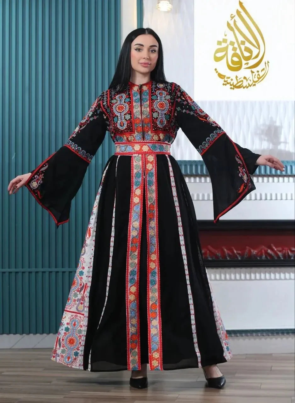Palestinian Elegance Malaki embroidered kaftan in black with colorful traditional patterns and wide sleeves