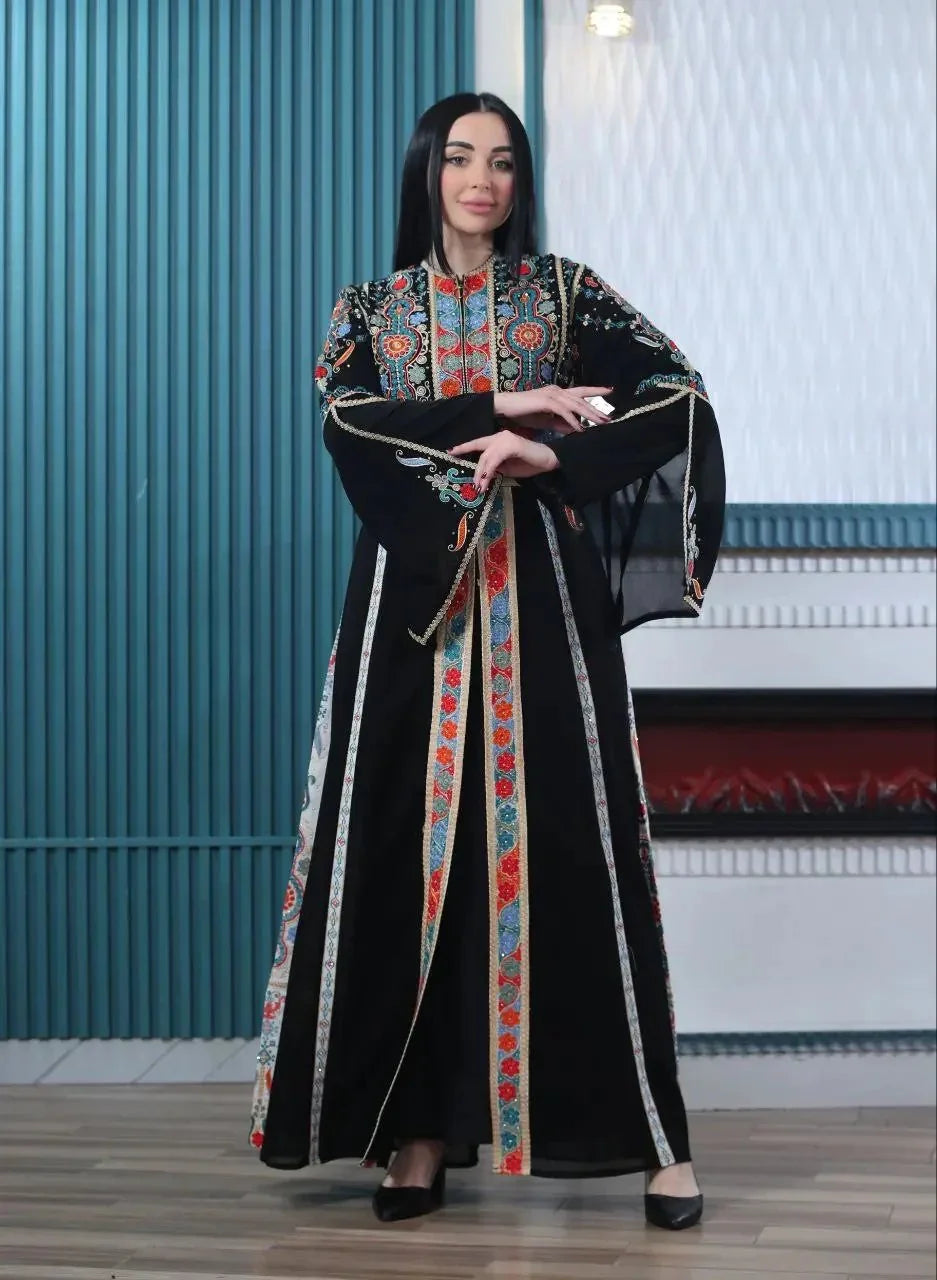Palestinian Elegance Malaki embroidered kaftan with intricate colorful floral embroidery on black fabric
