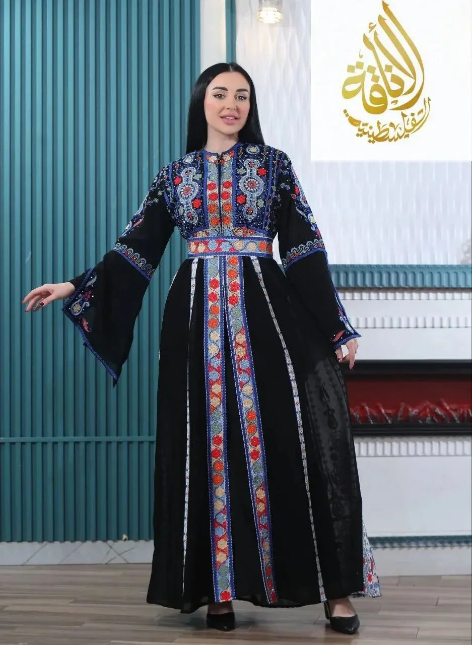 Palestinian Elegance Malaki embroidered kaftan in black with colorful floral and geometric patterns