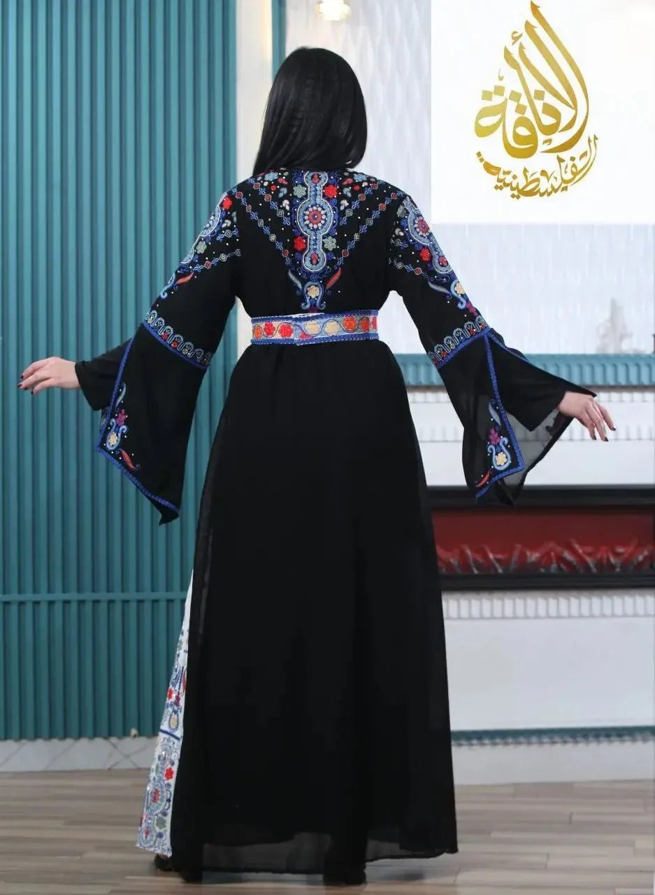 Palestinian Elegance Malaki embroidered kaftan in black with colorful detailed embroidery and wide sleeves