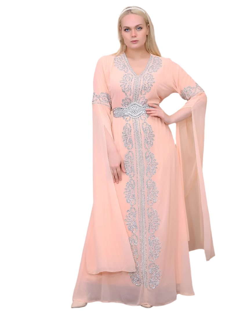 Peach embroidered kaftan dress with silver detailing and belt by Palestinian Elegance