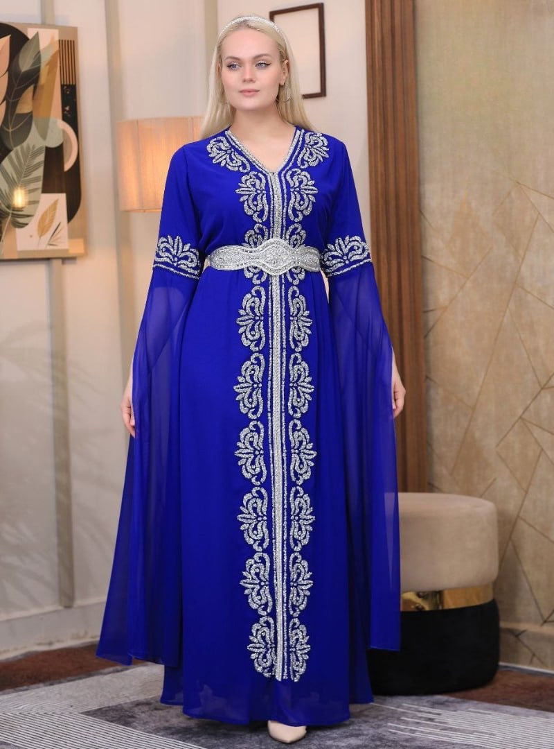 Palestinian Elegance royal blue embroidered kaftan dress with silver embroidery and sheer long sleeves