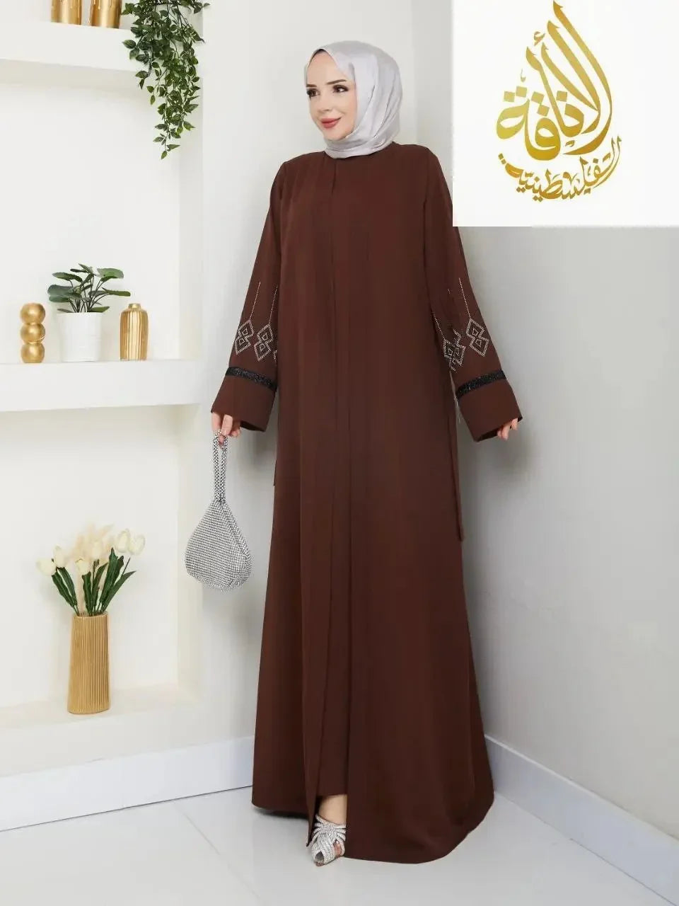 Palestinian Elegance brown modern open abaya with geometric sleeve embroidery worn with white hijab