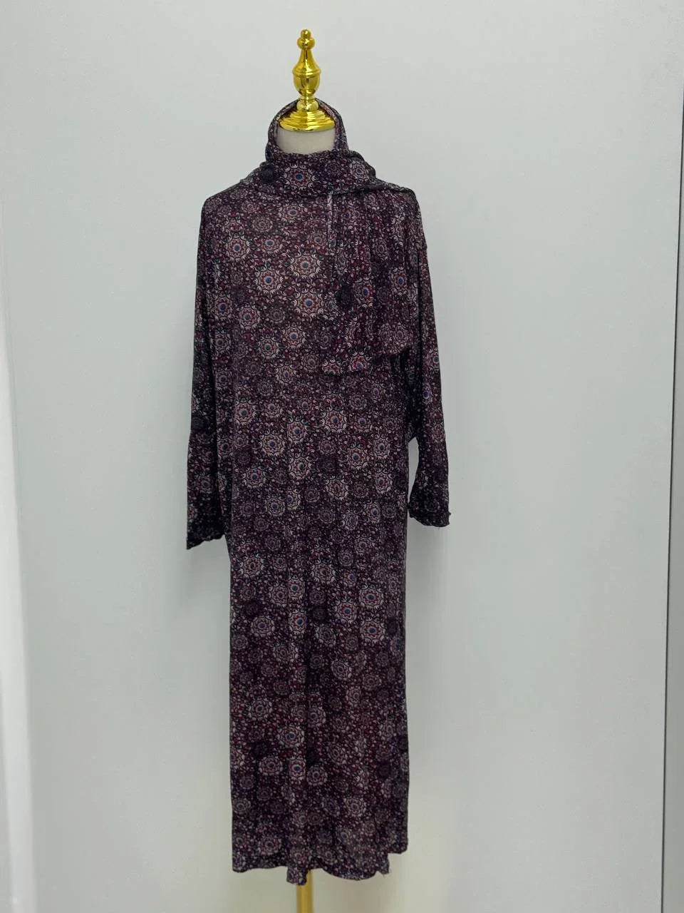 Palestinian Elegance Full Prayer Dress in dark maroon geometric print with matching hijab scarf long sleeves ankle length