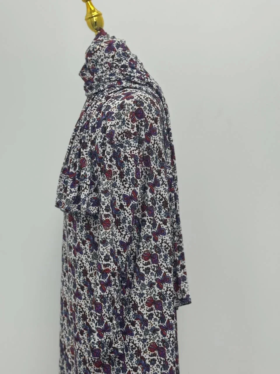 Palestinian Elegance Full Prayer Dress in purple and red floral print with attached hijab side view