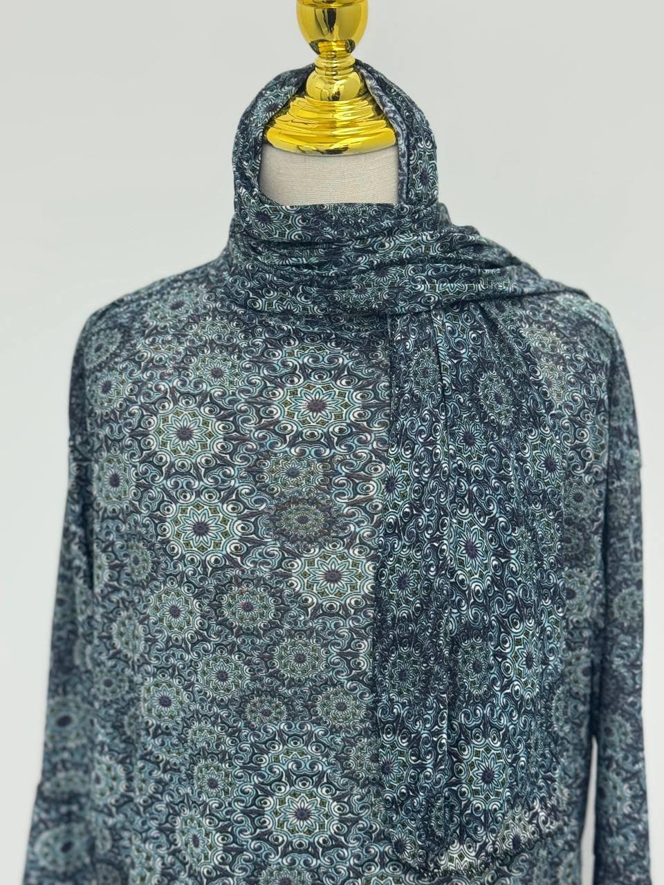Palestinian Elegance Full Prayer Dress in teal mandala print with matching hijab style headscarf modest full coverage