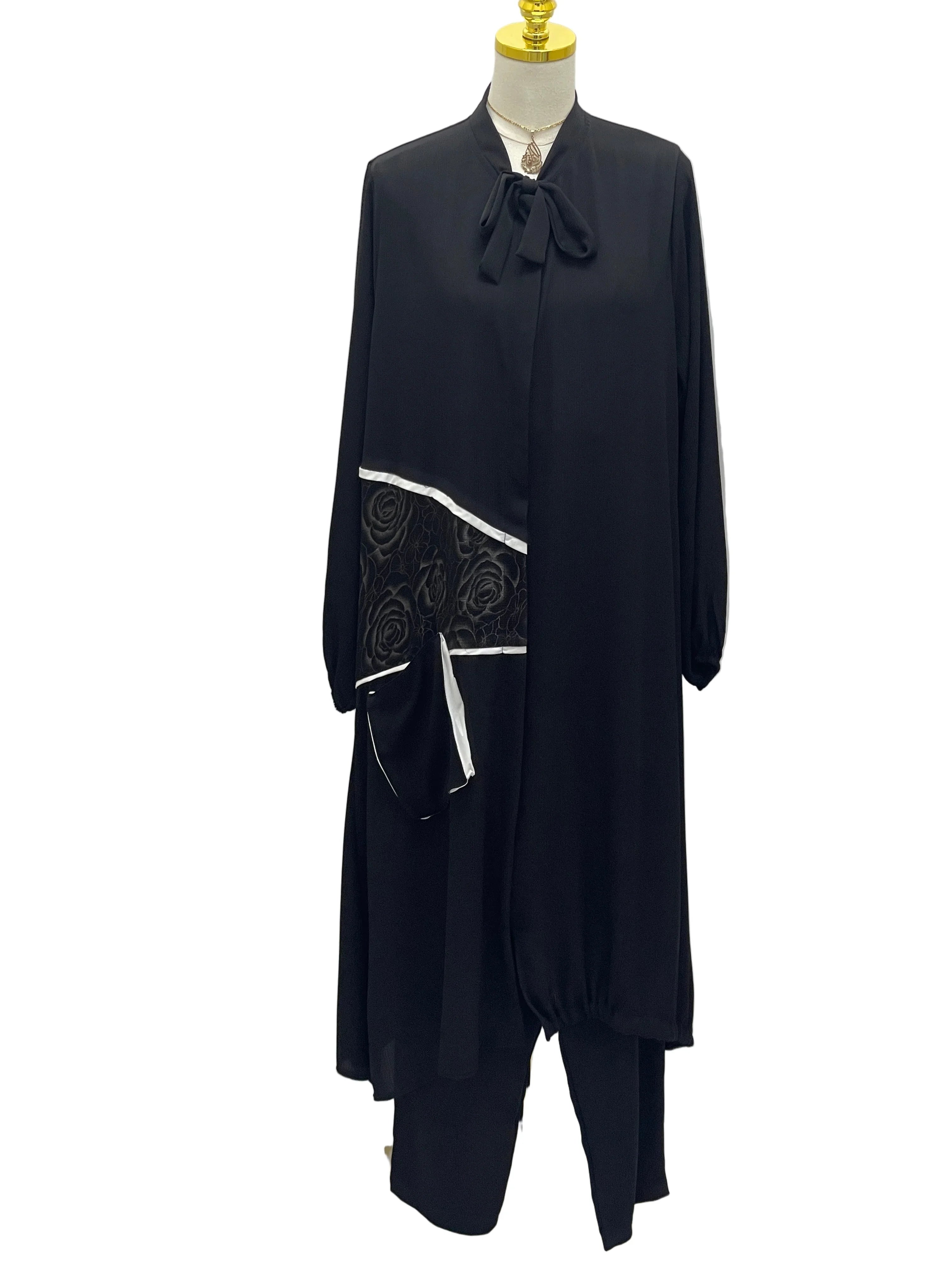 Palestinian Elegance black Modesty Long Set with tie neck long sleeves embroidered panel and matching pants