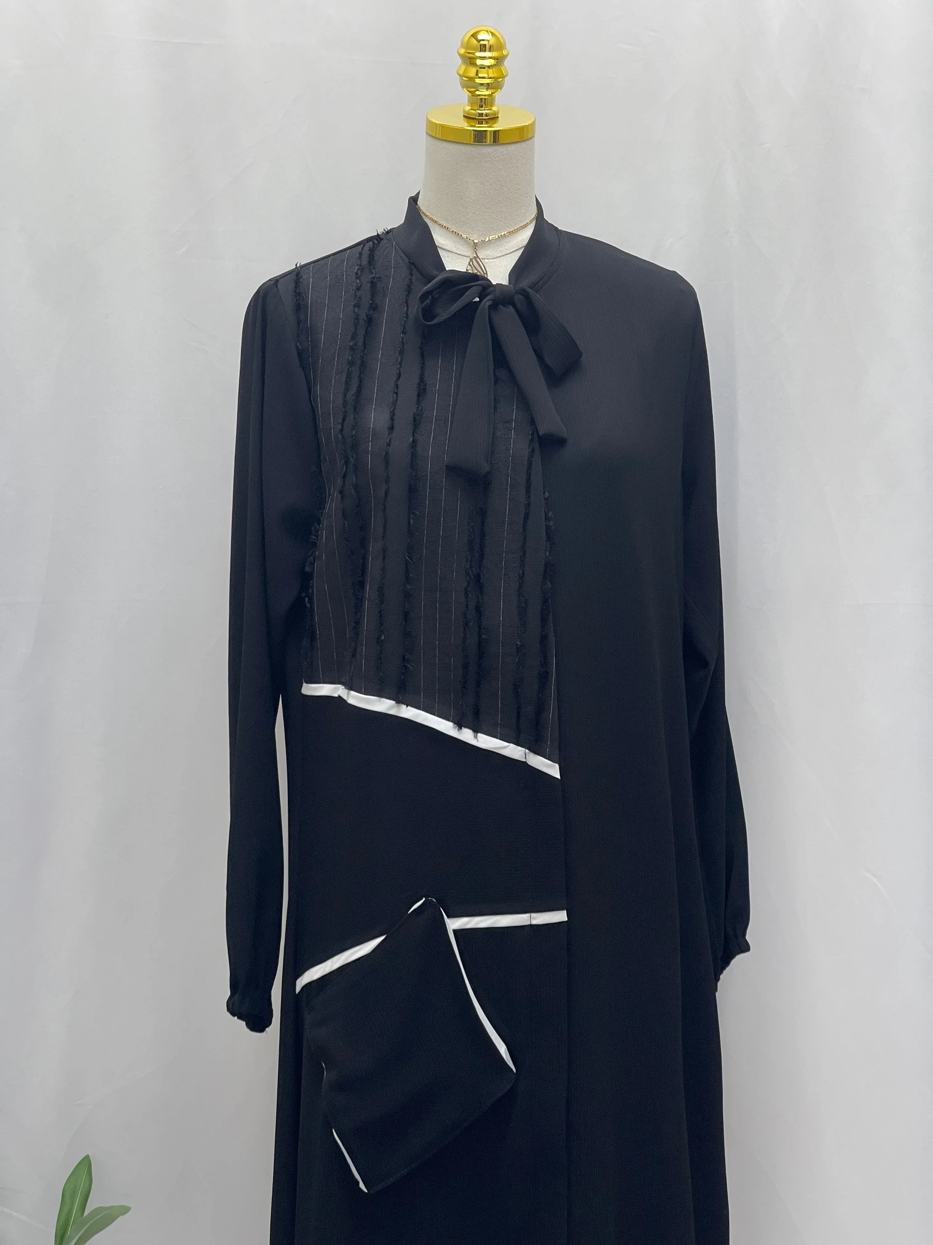 Modesty Long Set by Palestinian Elegance black modest outfit set with bow neck and contrast trim pocket