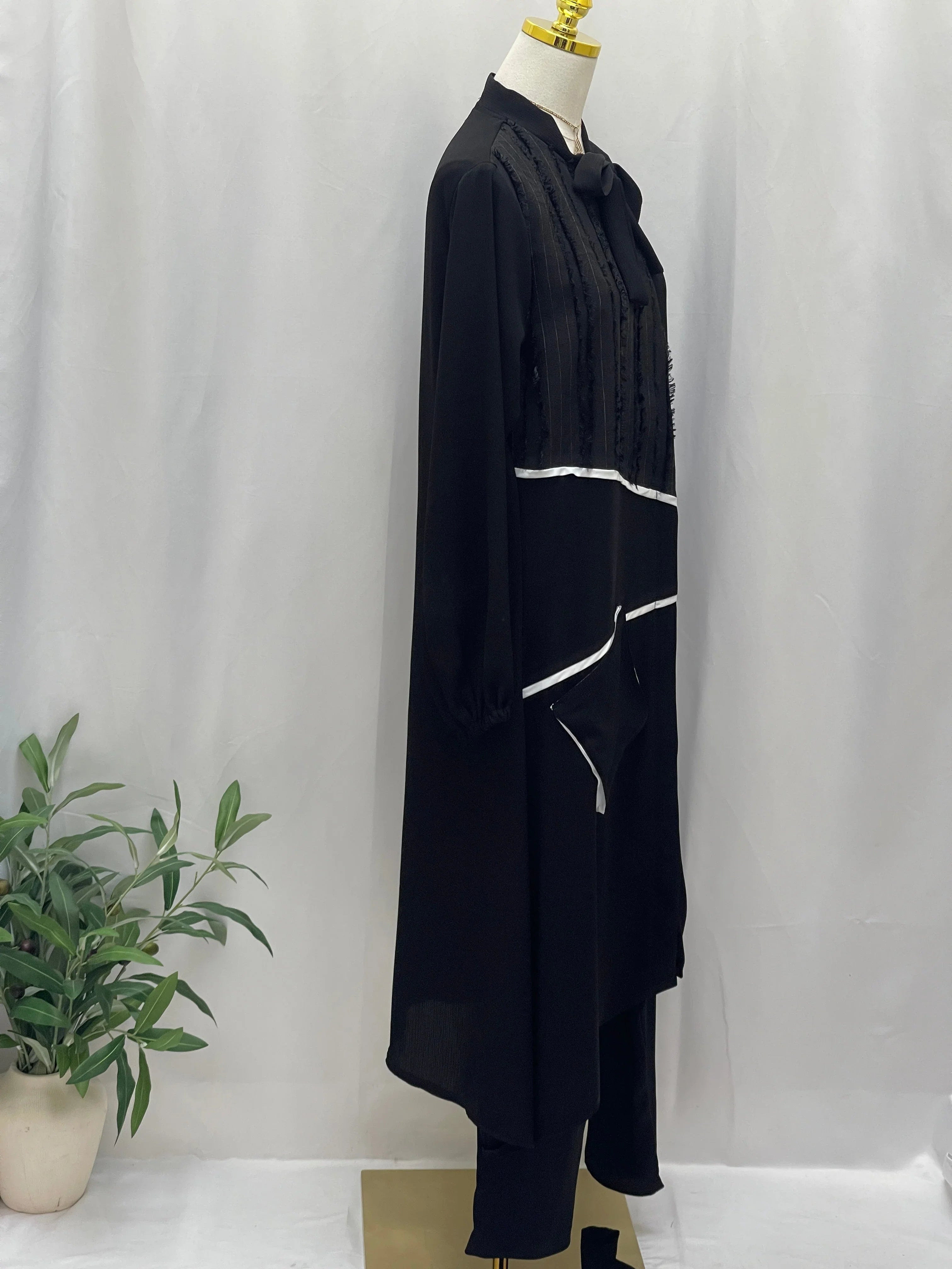 Palestinian Elegance black Modesty Long Set with long pleated tunic white piping detail and matching pants