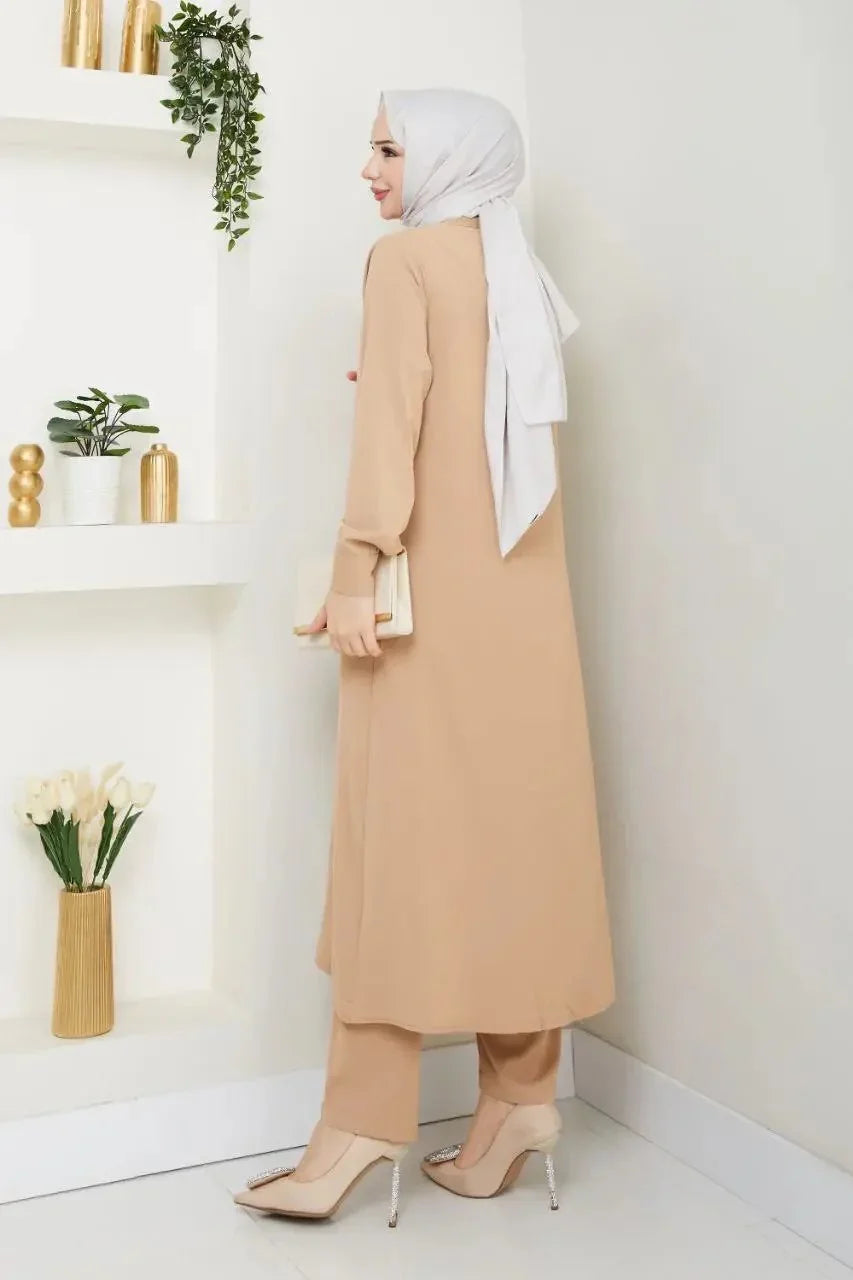 Palestinian Elegance modest outfit set featuring a beige Modesty Long Set with matching  white hijab