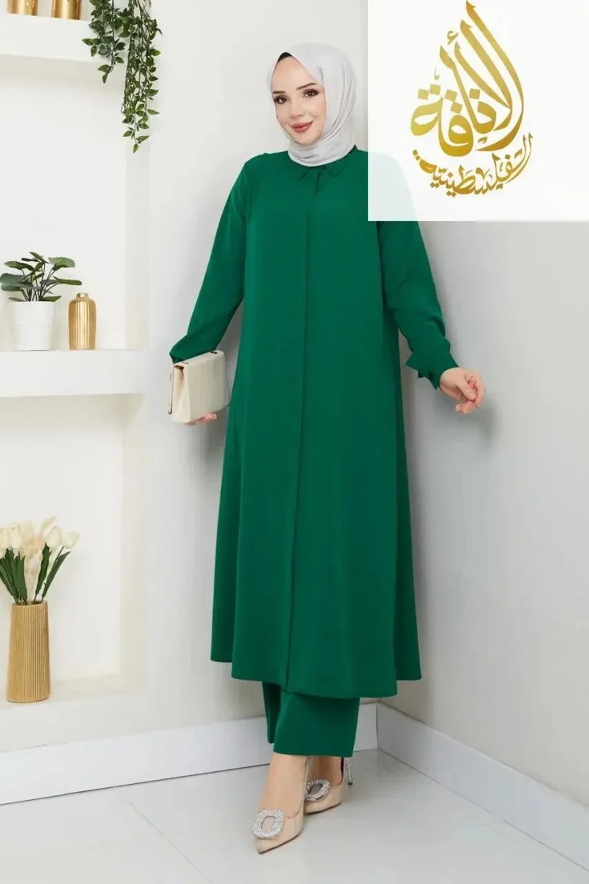 Palestinian Elegance modesty long set in green with matching pants and white hijab