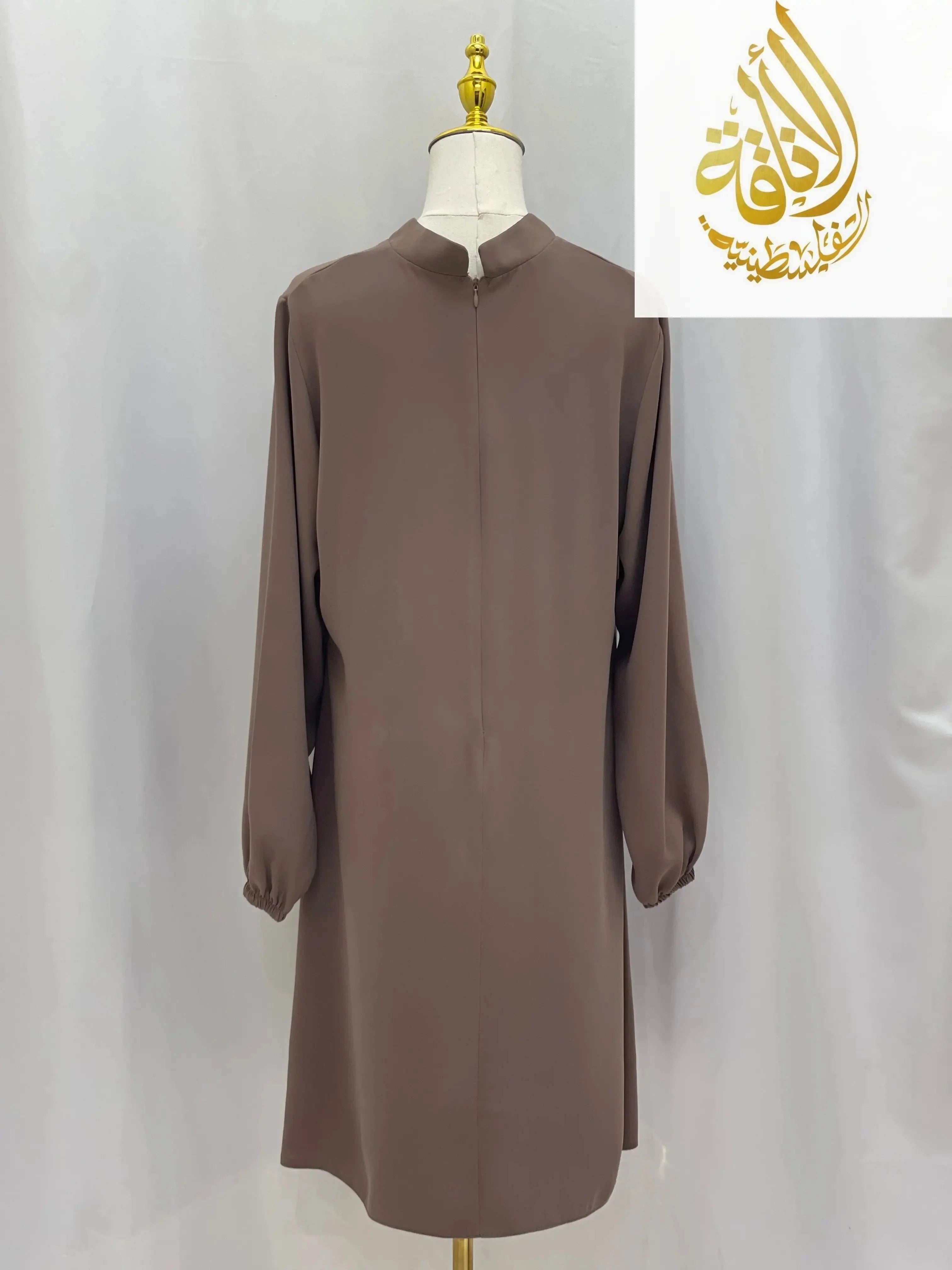 Palestinian Elegance modest embroidered tunic dress in brown with long sleeves and a stand collar