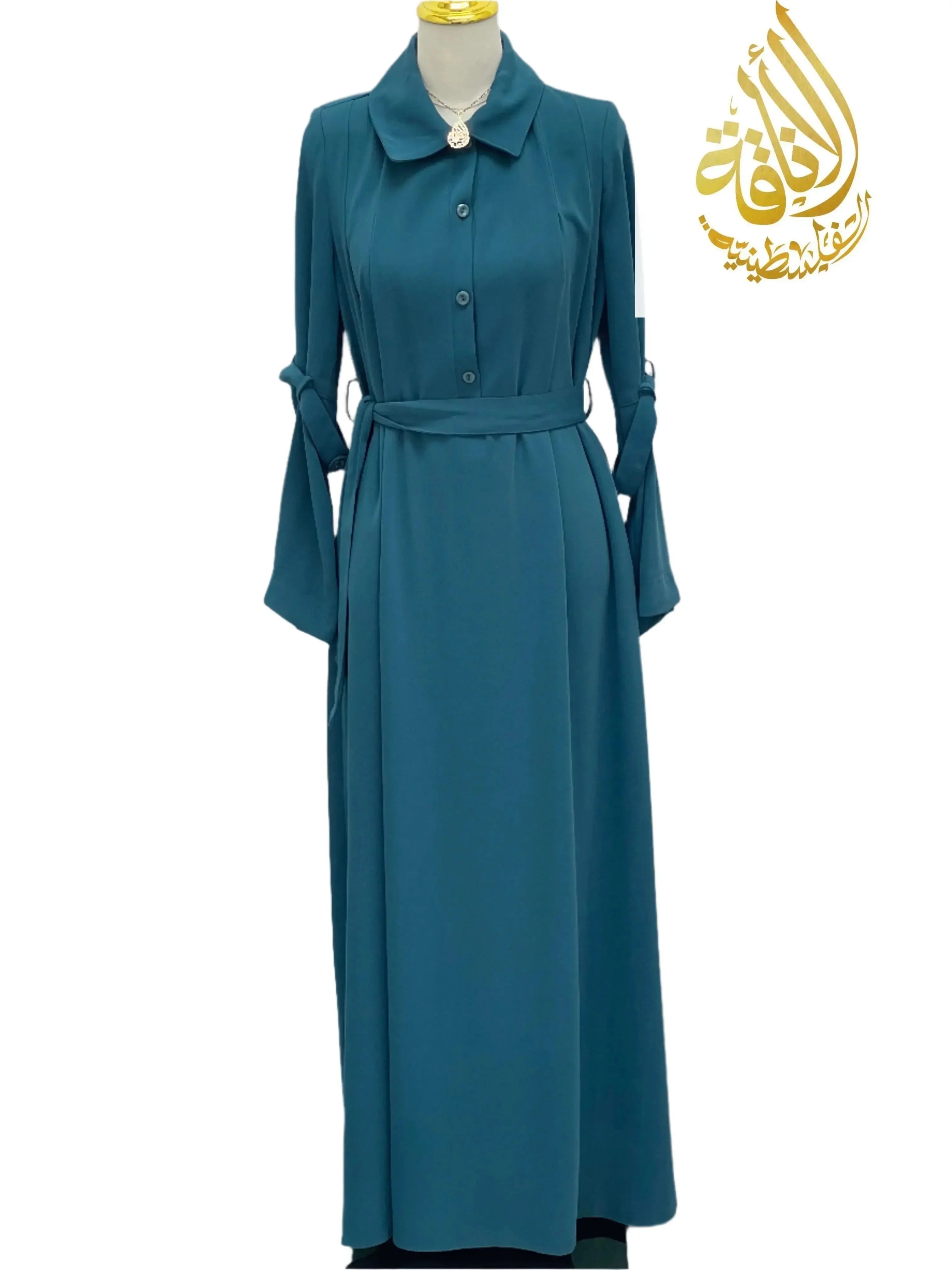 Palestinian Elegance teal abaya modesty summer dress with long sleeves and waist belt