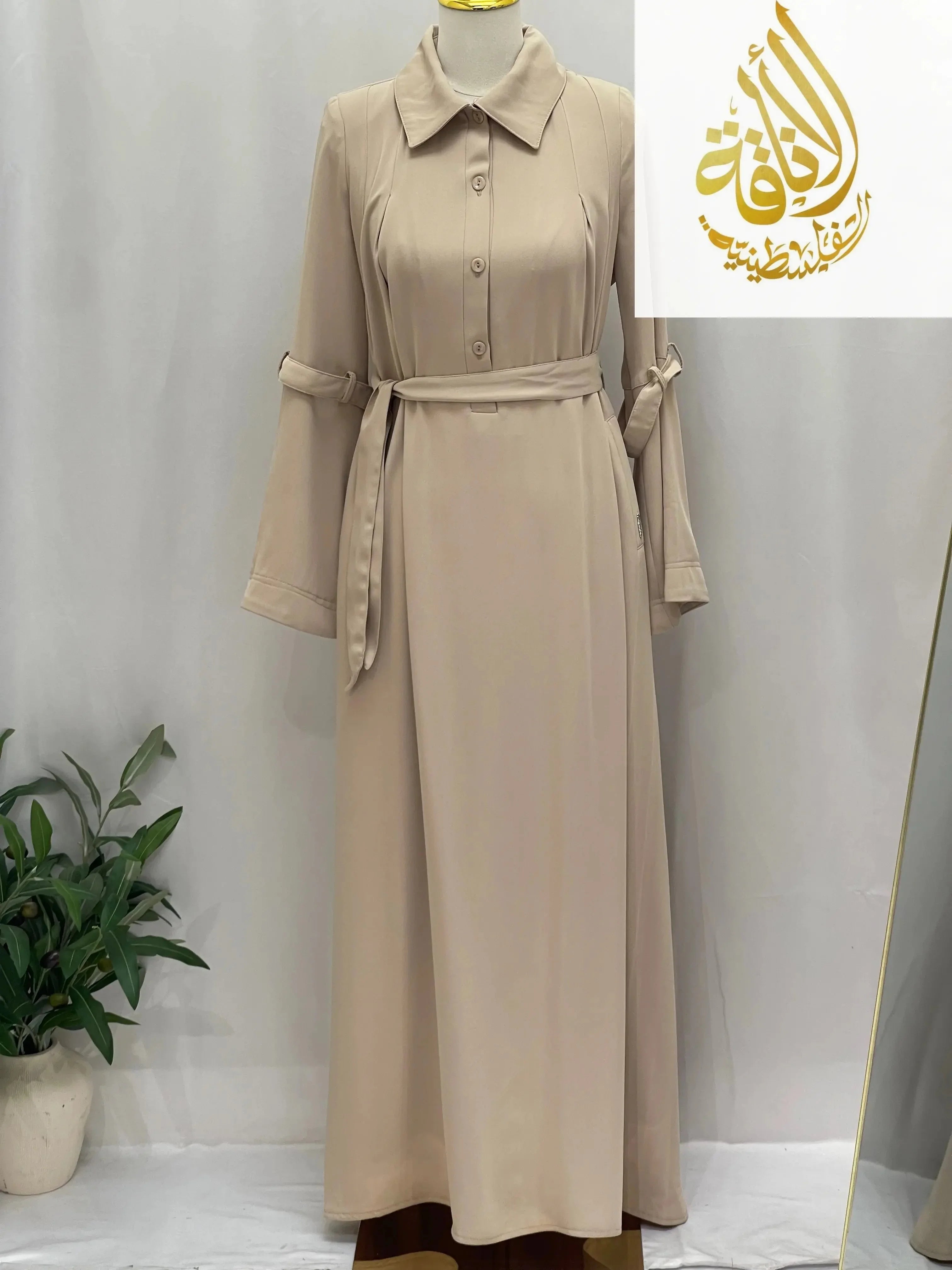 Palestinian Elegance beige abaya with button front and waist tie modesty summer dress