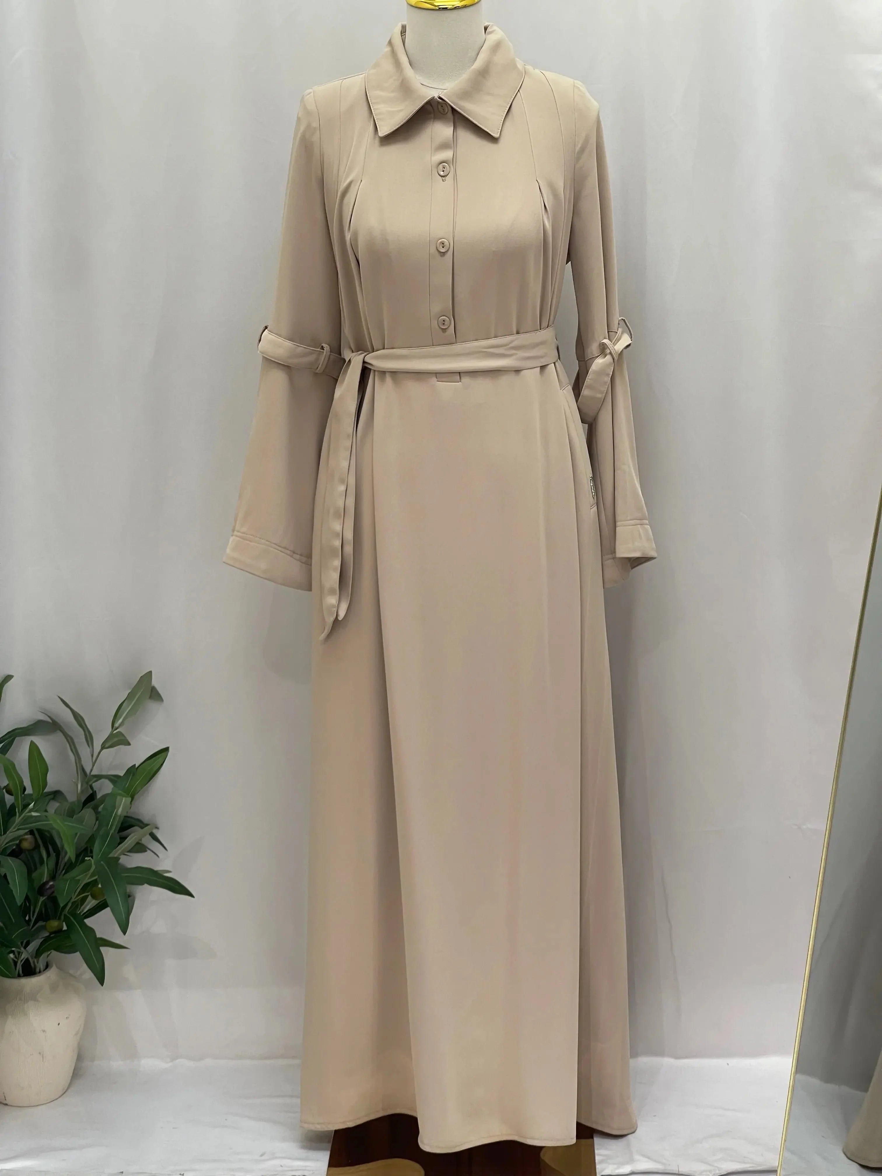Palestinian Elegance beige abaya modesty summer dress with button front and waist tie belt