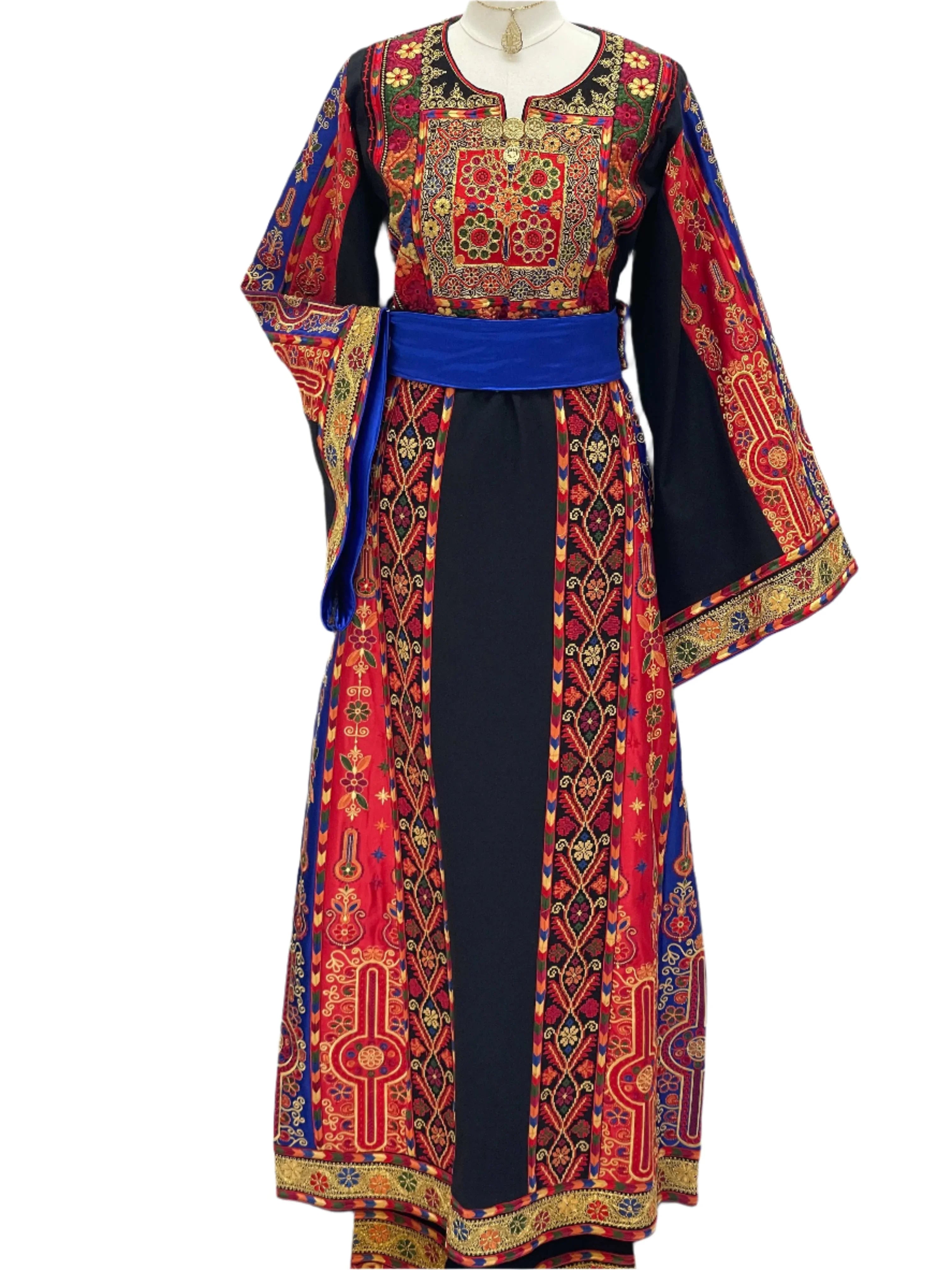 Mona Soft Atmeen Thoub Kasab Embroidery traditional embroidered dress with red blue and black patterns