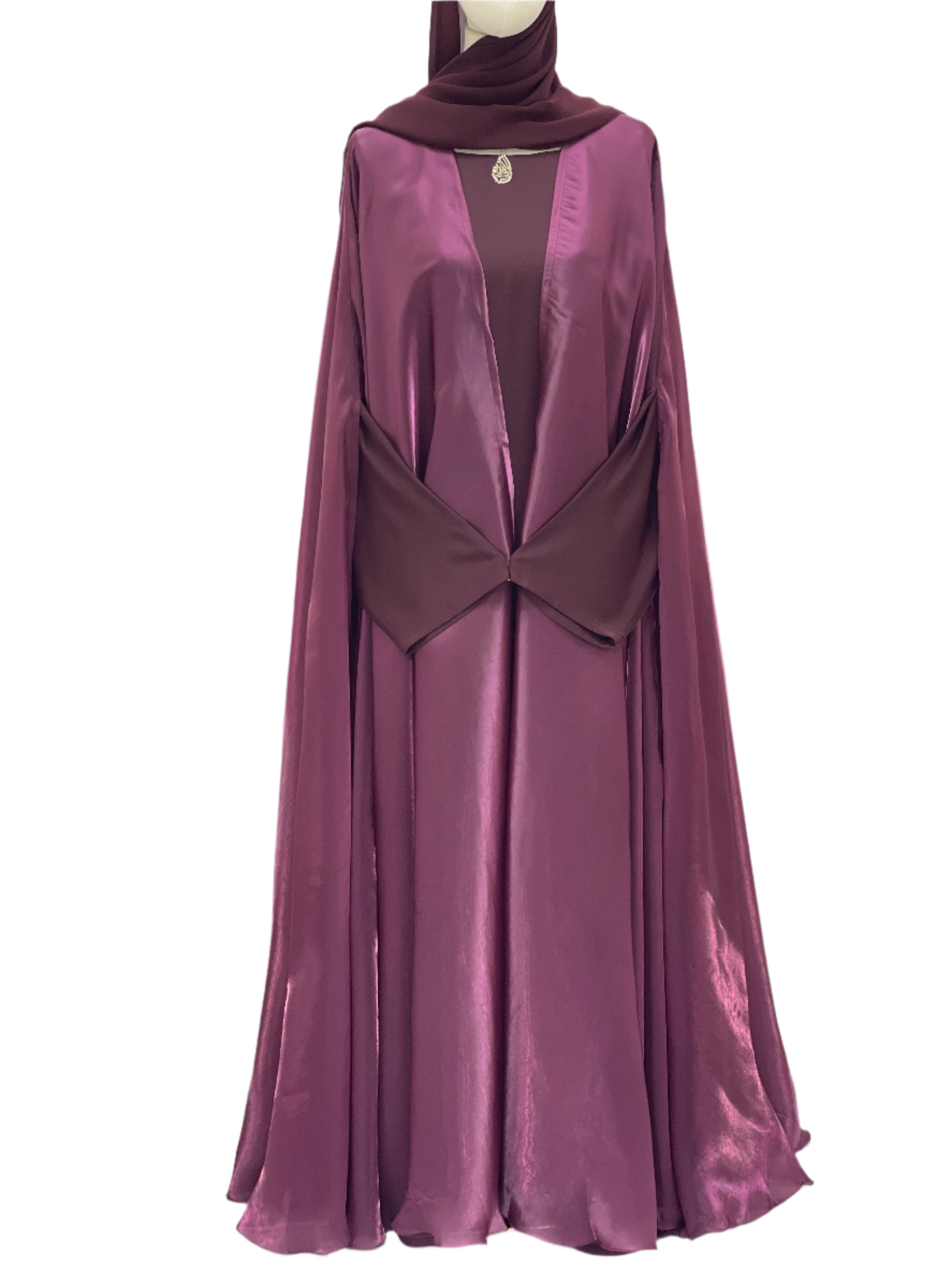 Moonlit Organza Abaya by Palestinian Elegance in deep purple with elegant flowing fabric and unique waist detail