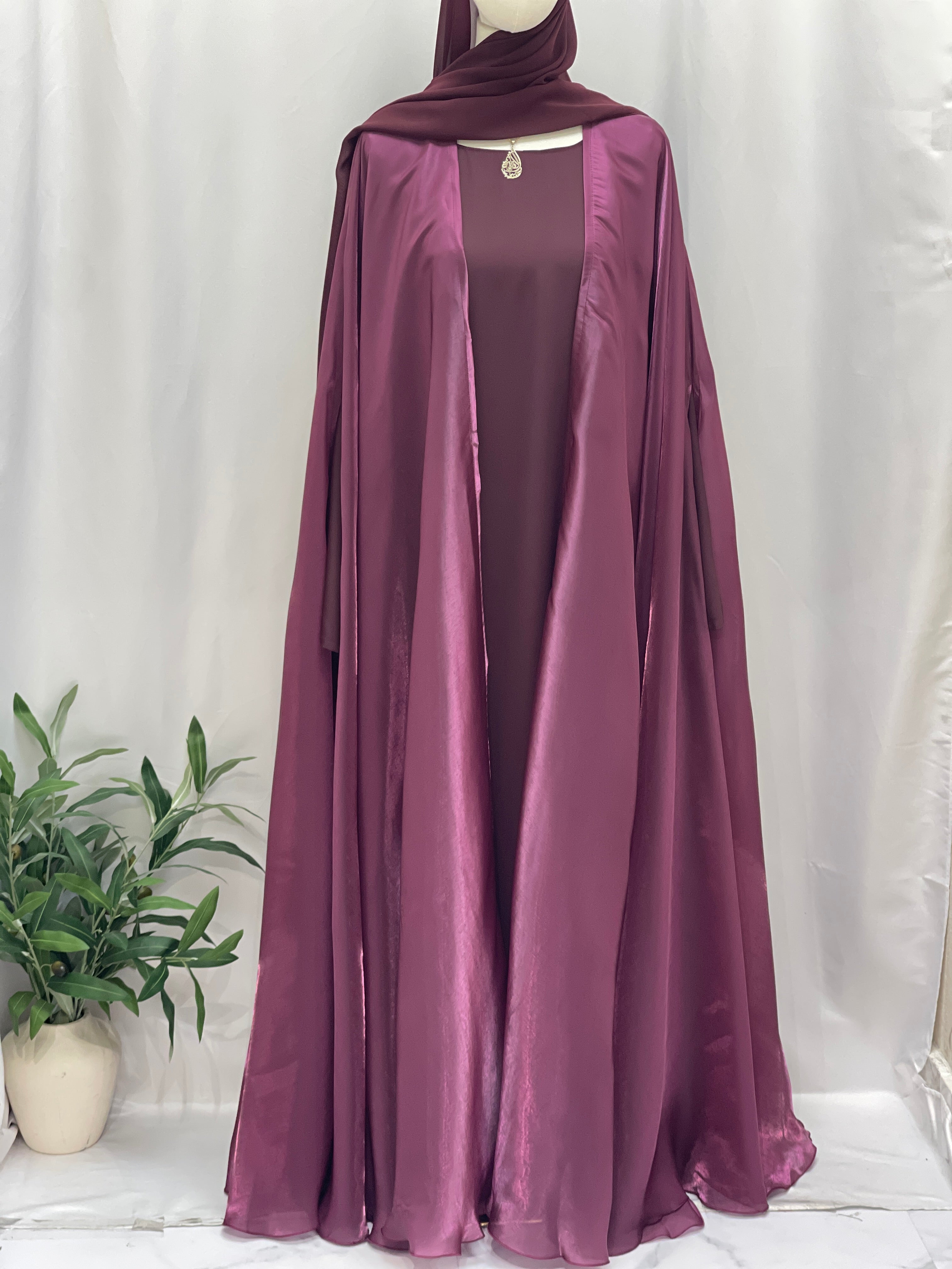 Palestinian Elegance Moonlit Organza Abaya in deep mauve with flowing satin finish and matching headscarf