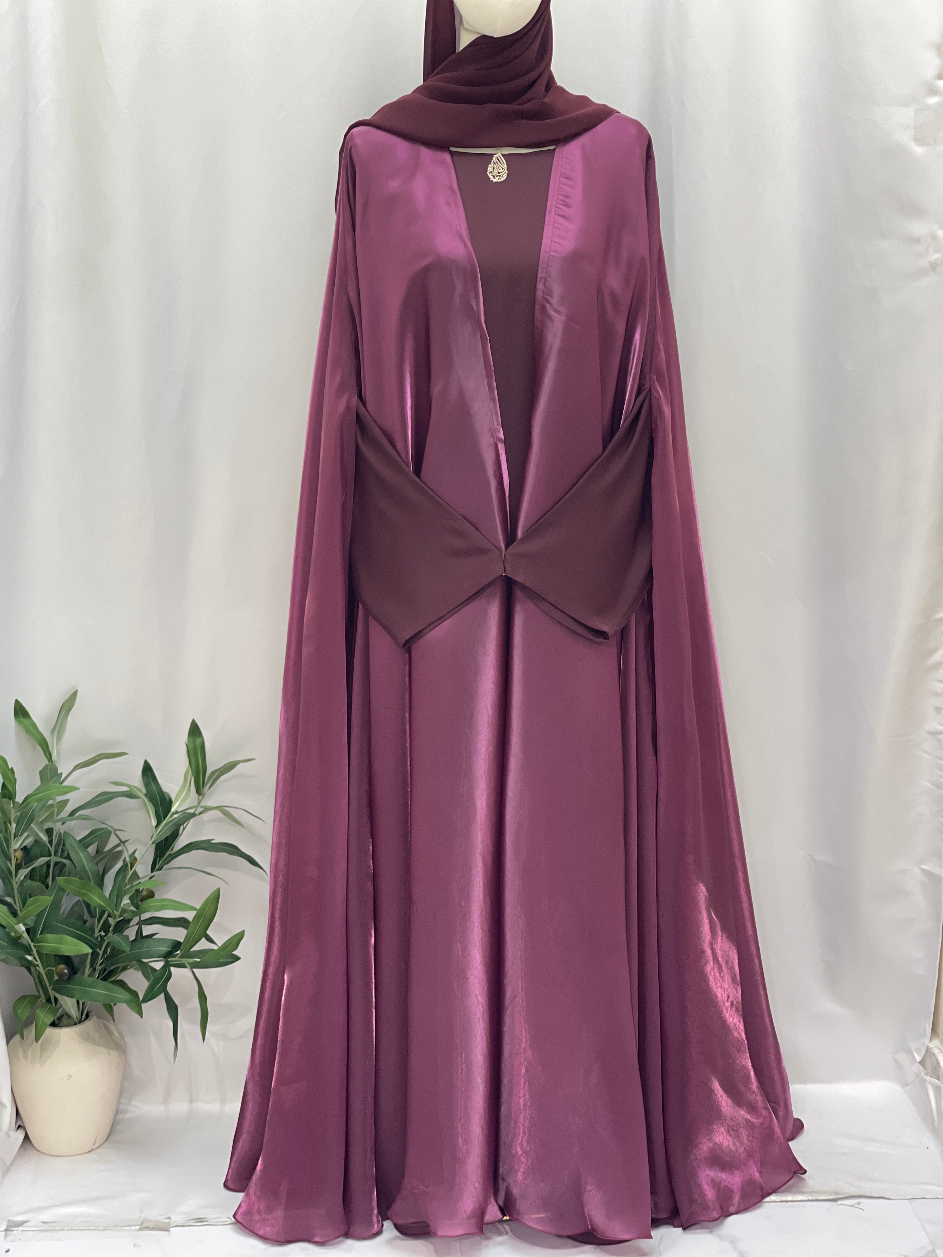 Elegant purple Moonlit Organza Abaya from Palestinian Elegance with flowing silky fabric and matching hijab