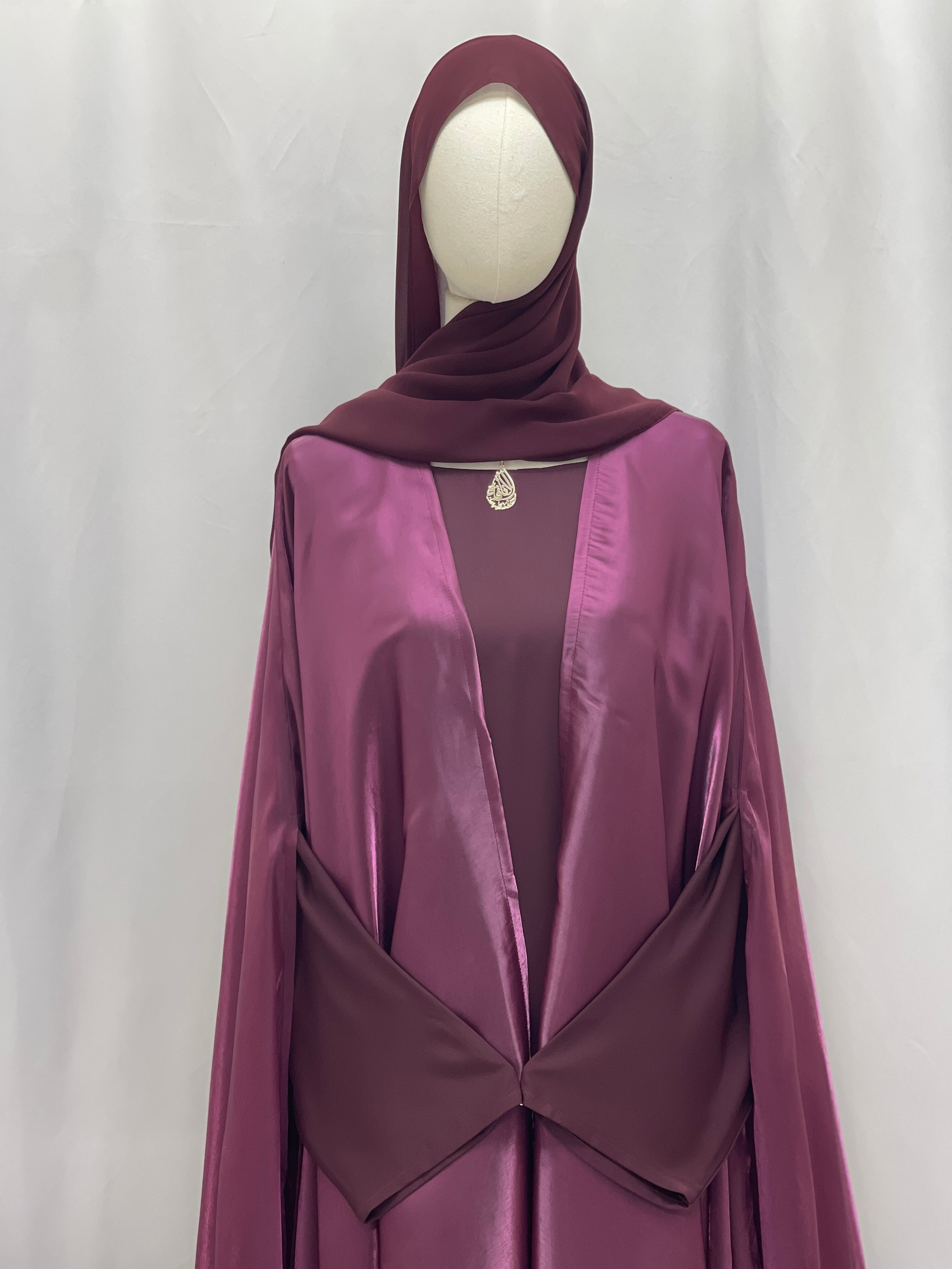 Moonlit Organza Abaya by Palestinian Elegance in deep mauve with silky finish and elegant draped design