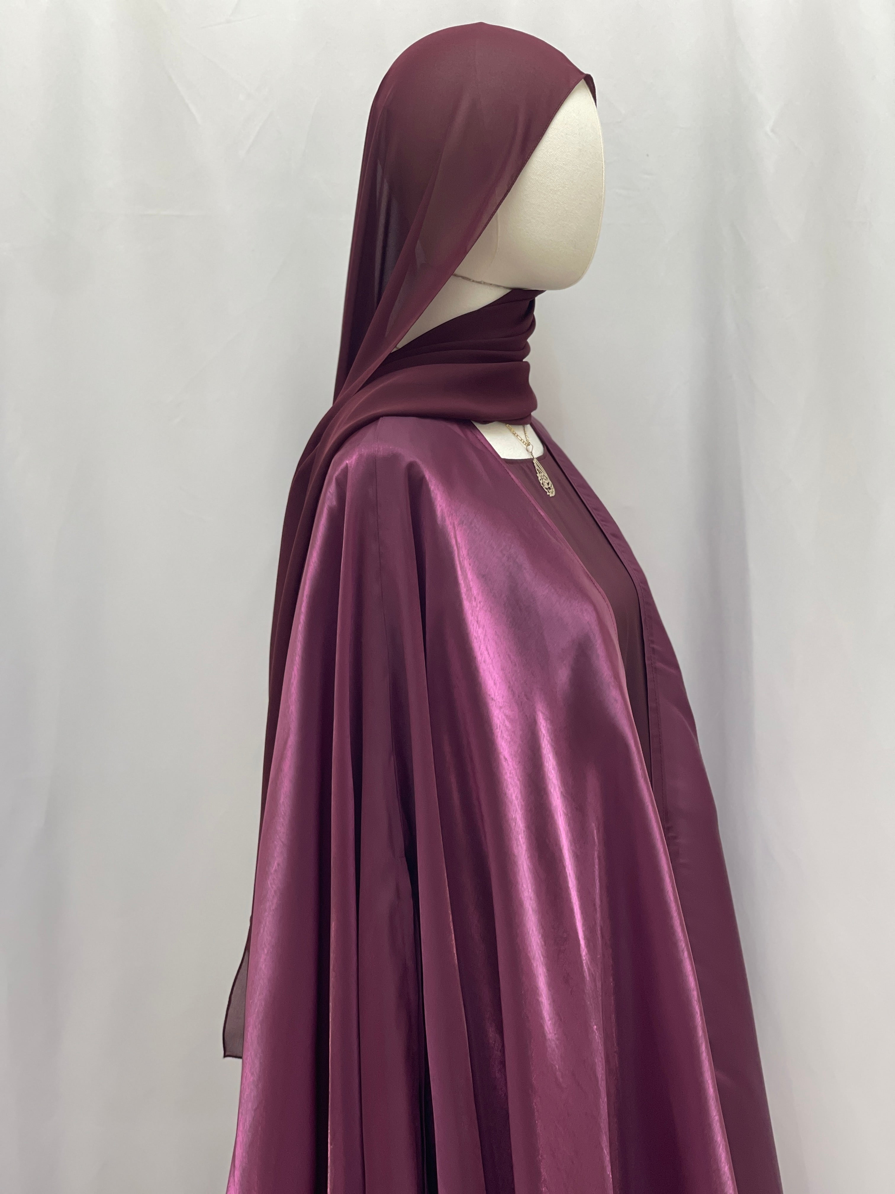 Palestinian Elegance Moonlit Organza Abaya in rich purple satin finish with matching headscarf