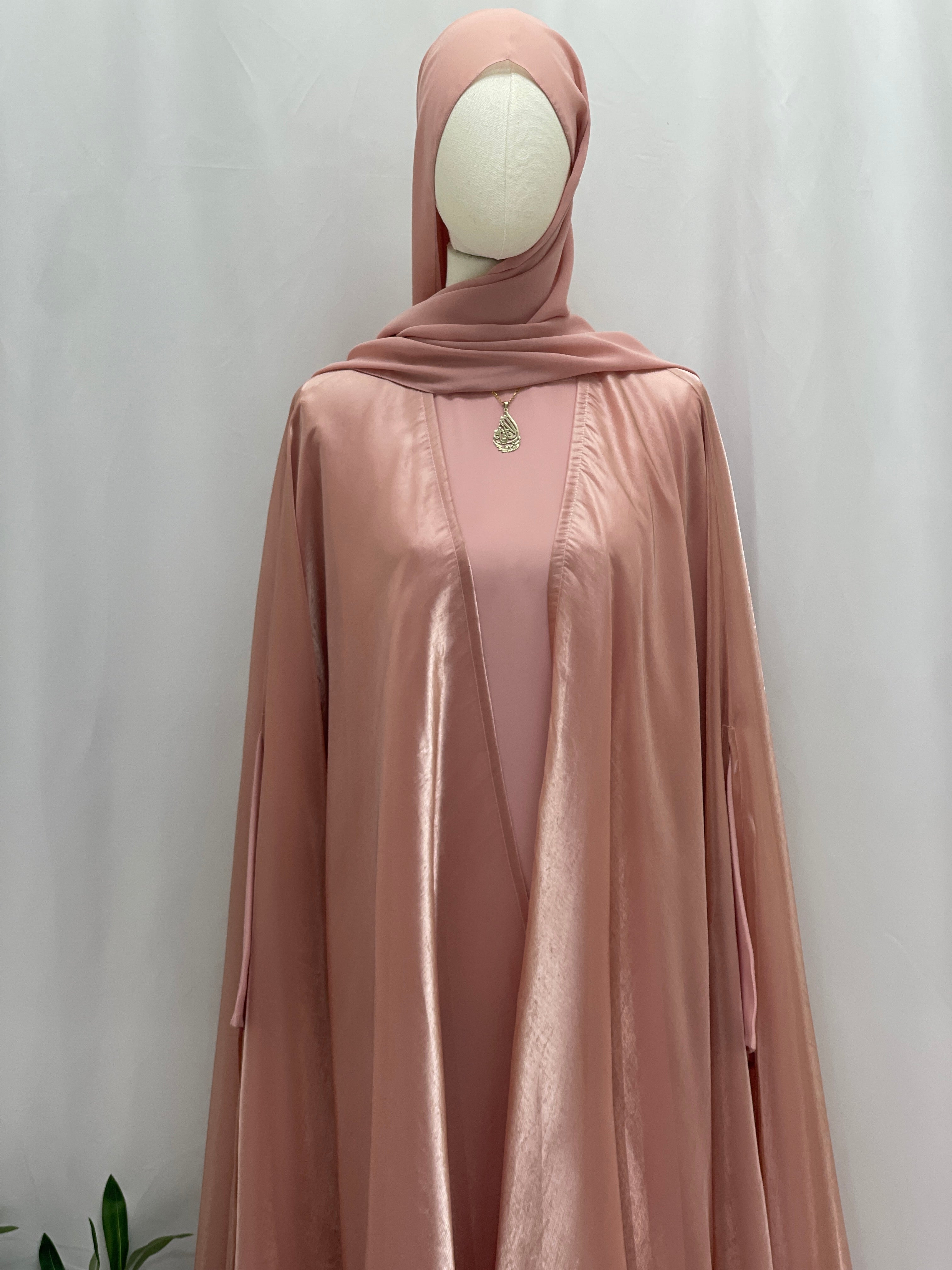 Pink Moonlit Organza Abaya by Palestinian Elegance with soft flowing fabric and matching hijab