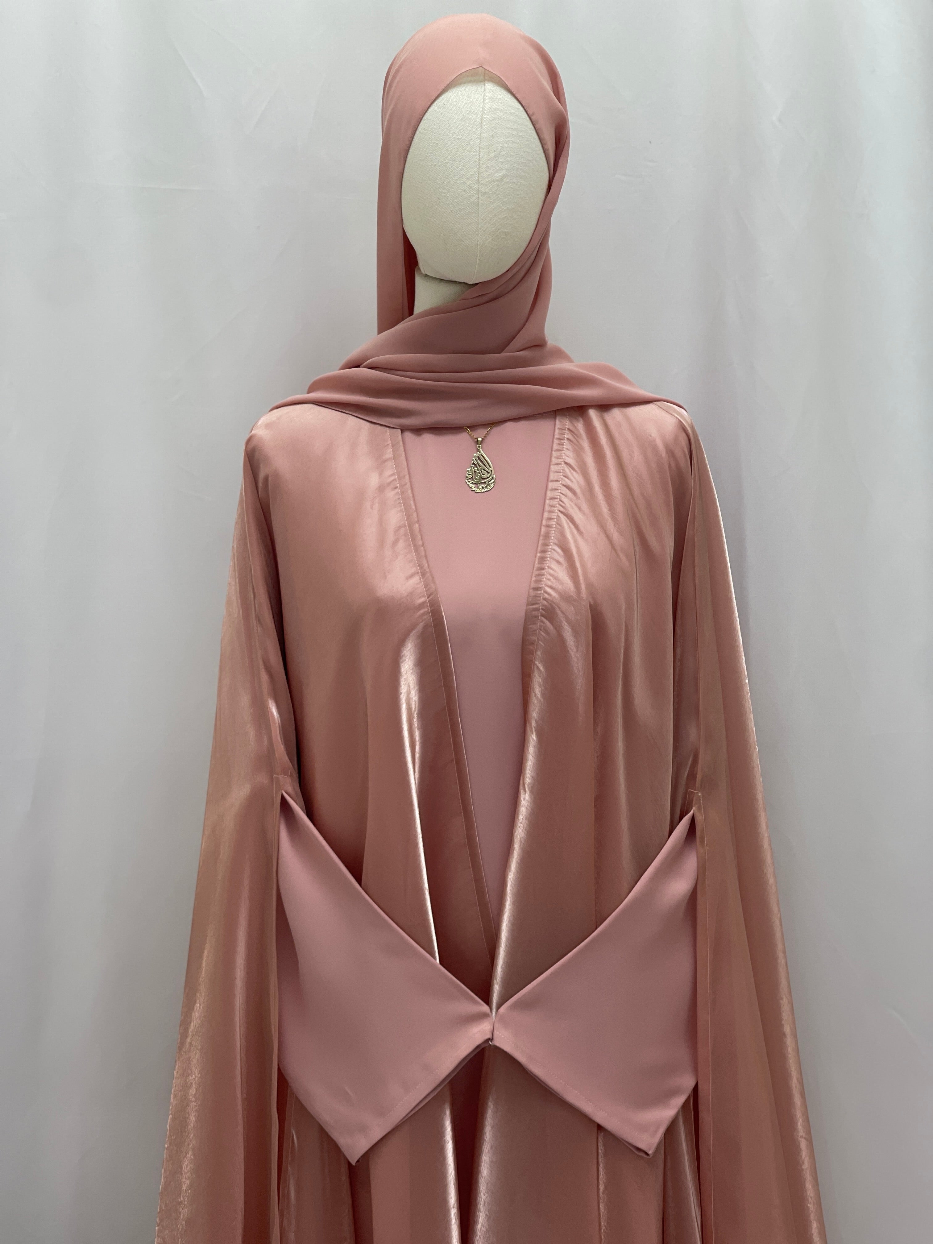 Palestinian Elegance Moonlit Organza Abaya in soft pink with flowing sheer sleeves and matching hijab