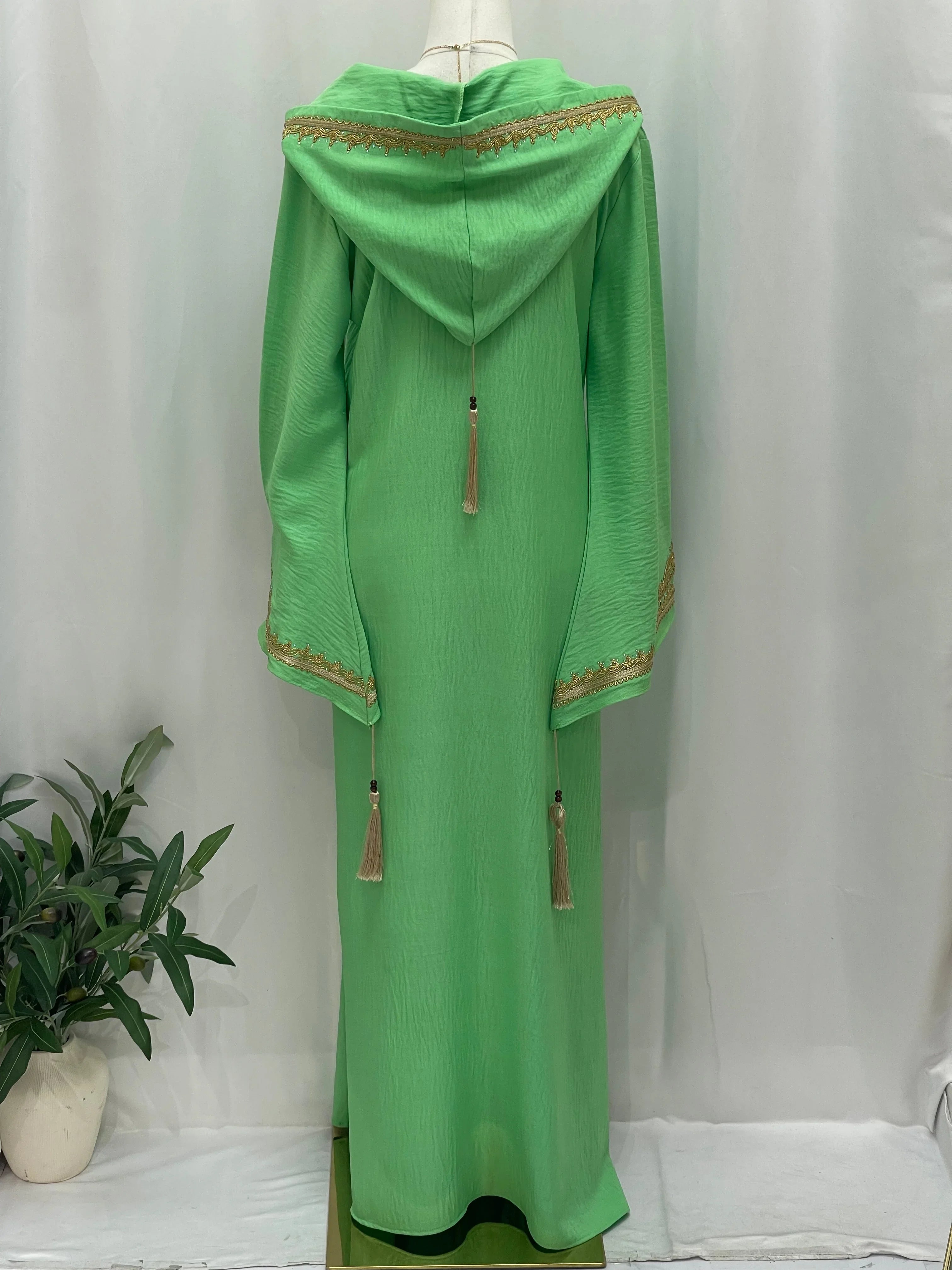 Palestinian Elegance green hooded abaya with gold trim and tassels full length Moroccan Embroidered Djellaba