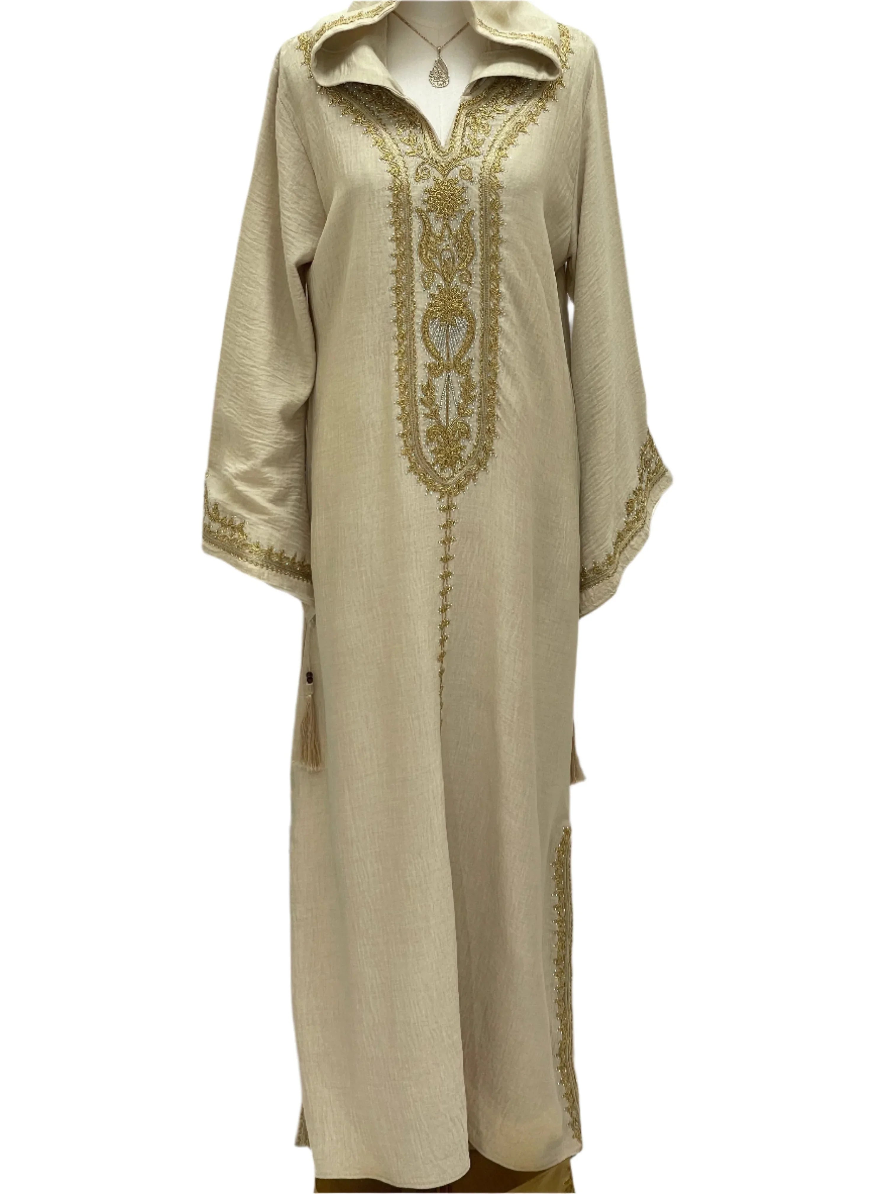Palestinian Elegance beige abaya with gold embroidery and hood Moroccan Embroidered Djellaba long loose fit