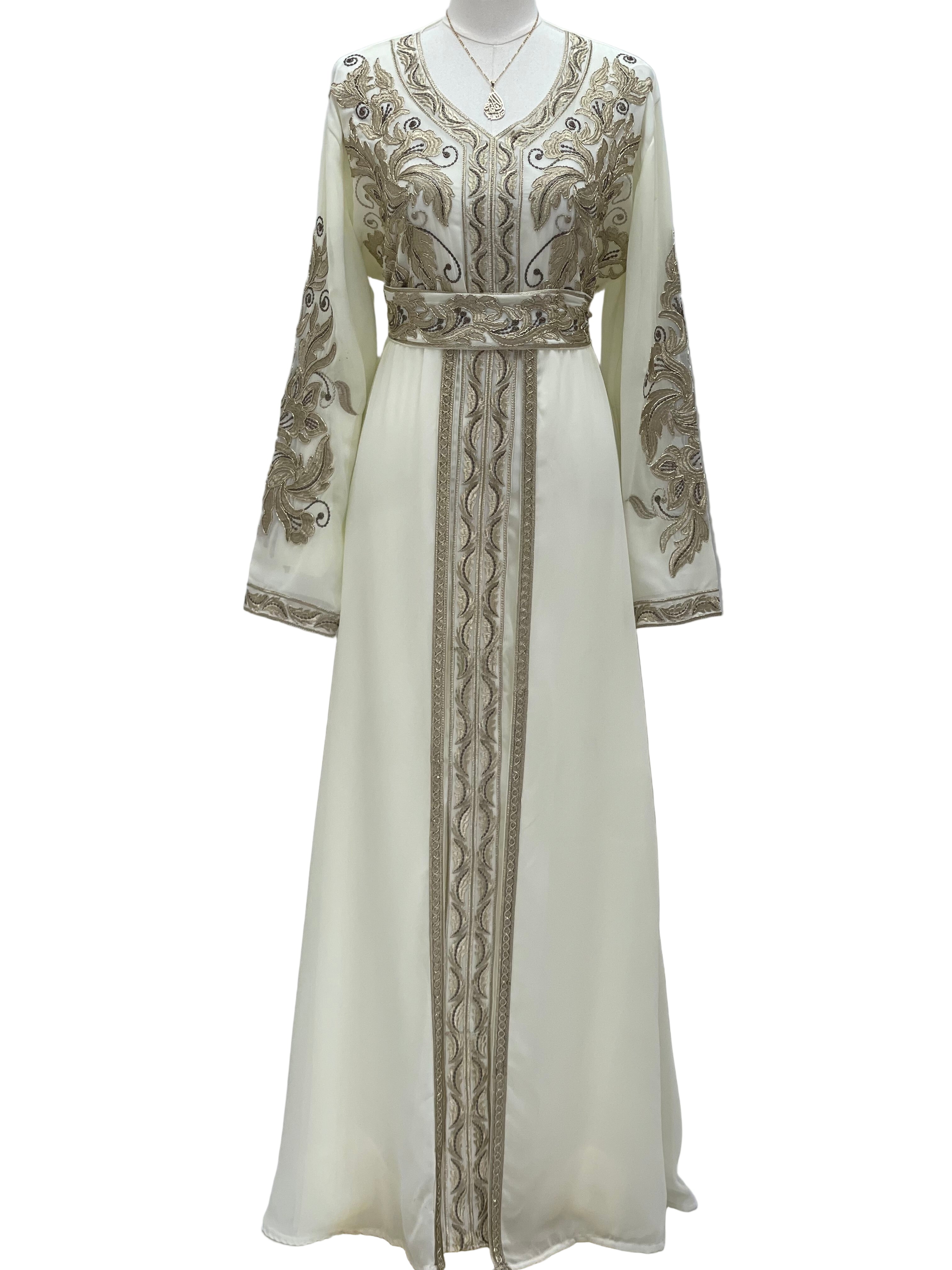Palestinian Elegance Moroccan Embroidered Kaftan ivory floor length with gold floral embroidery belted waist long sleeves