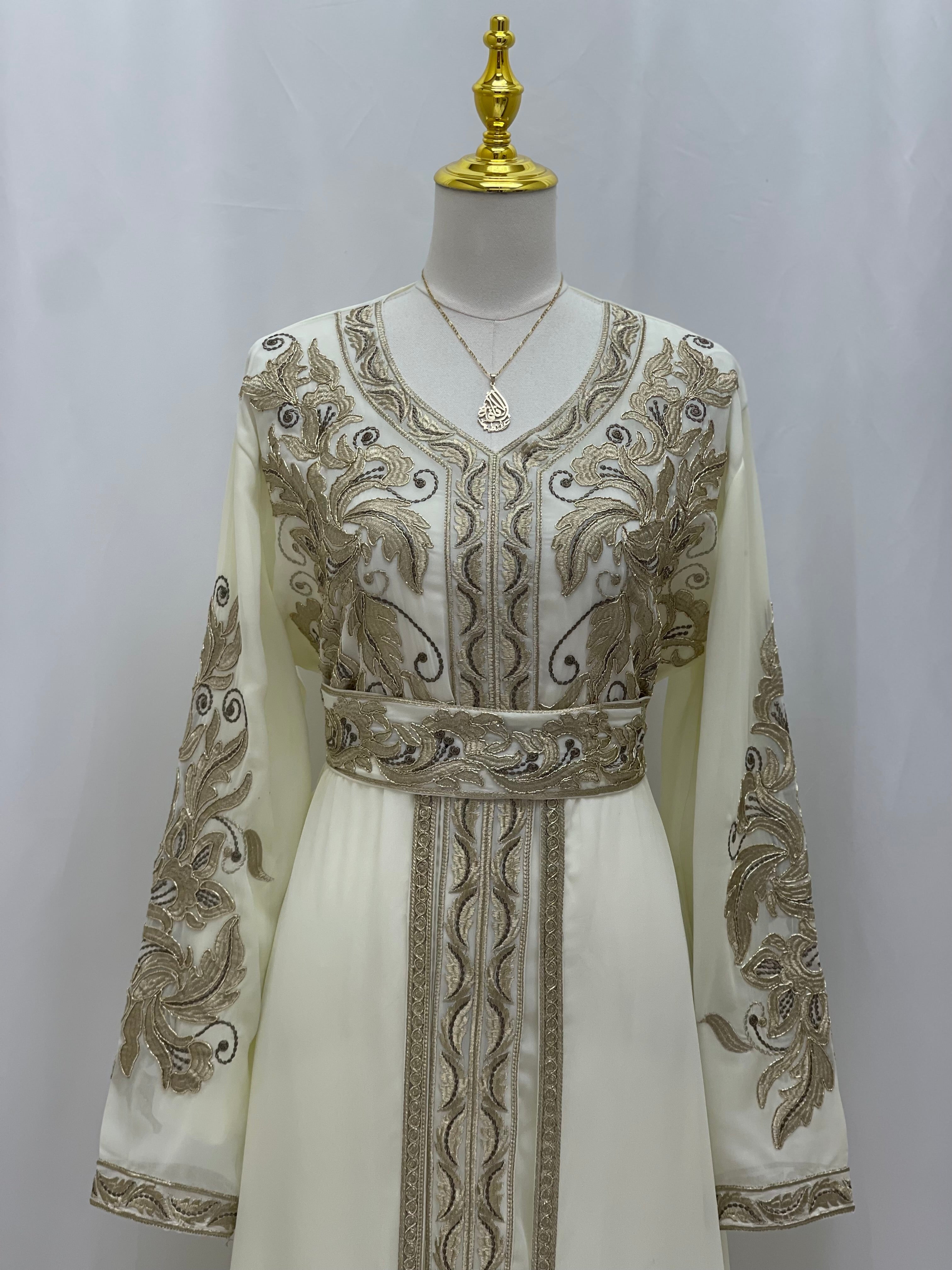 Palestinian Elegance Moroccan Embroidered Kaftan cream gown with gold floral embroidery v neck and matching belt