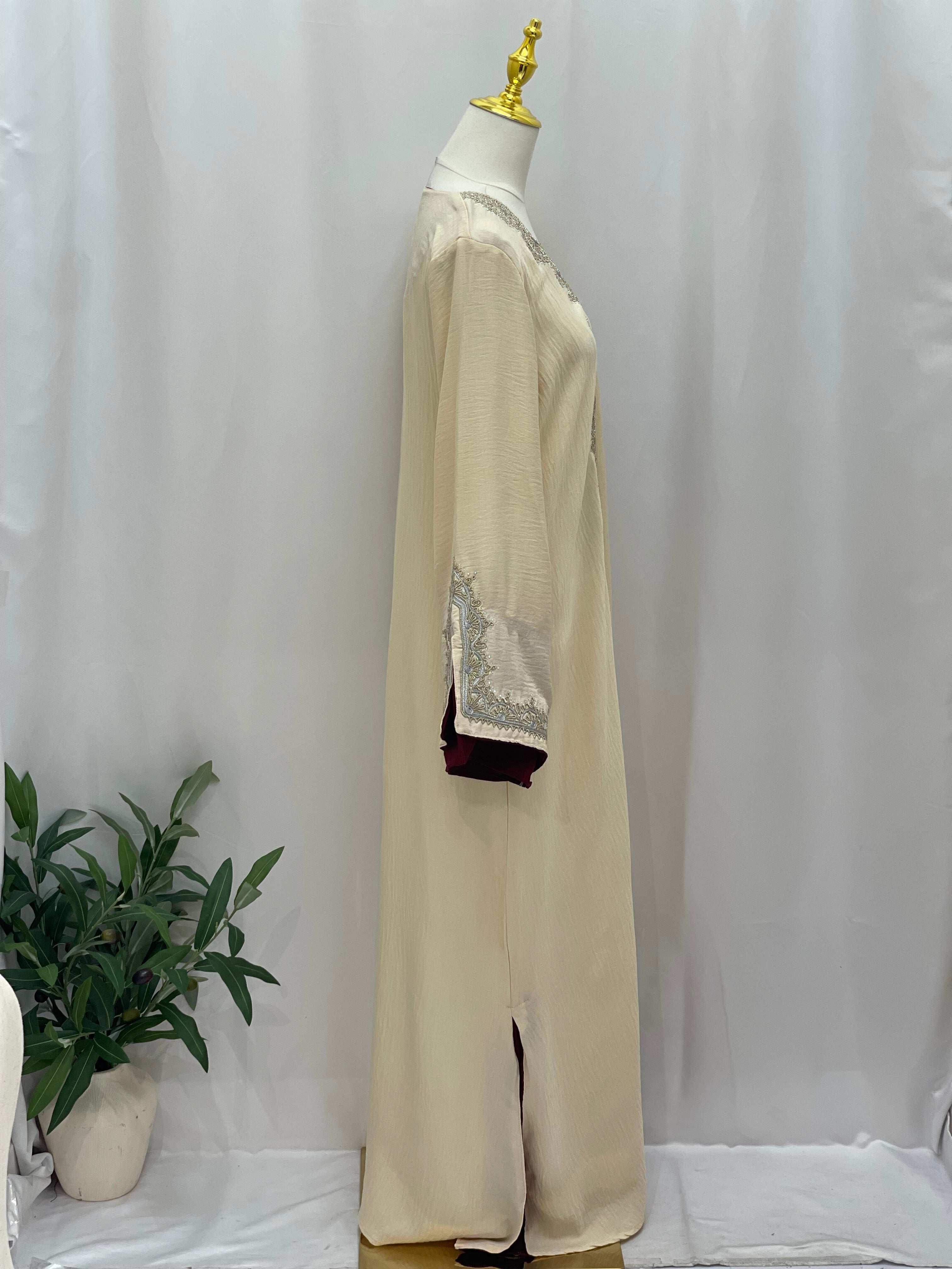Palestinian Elegance Moroccan  Rana Jalabia beige abaya with detailed sleeve embroidery