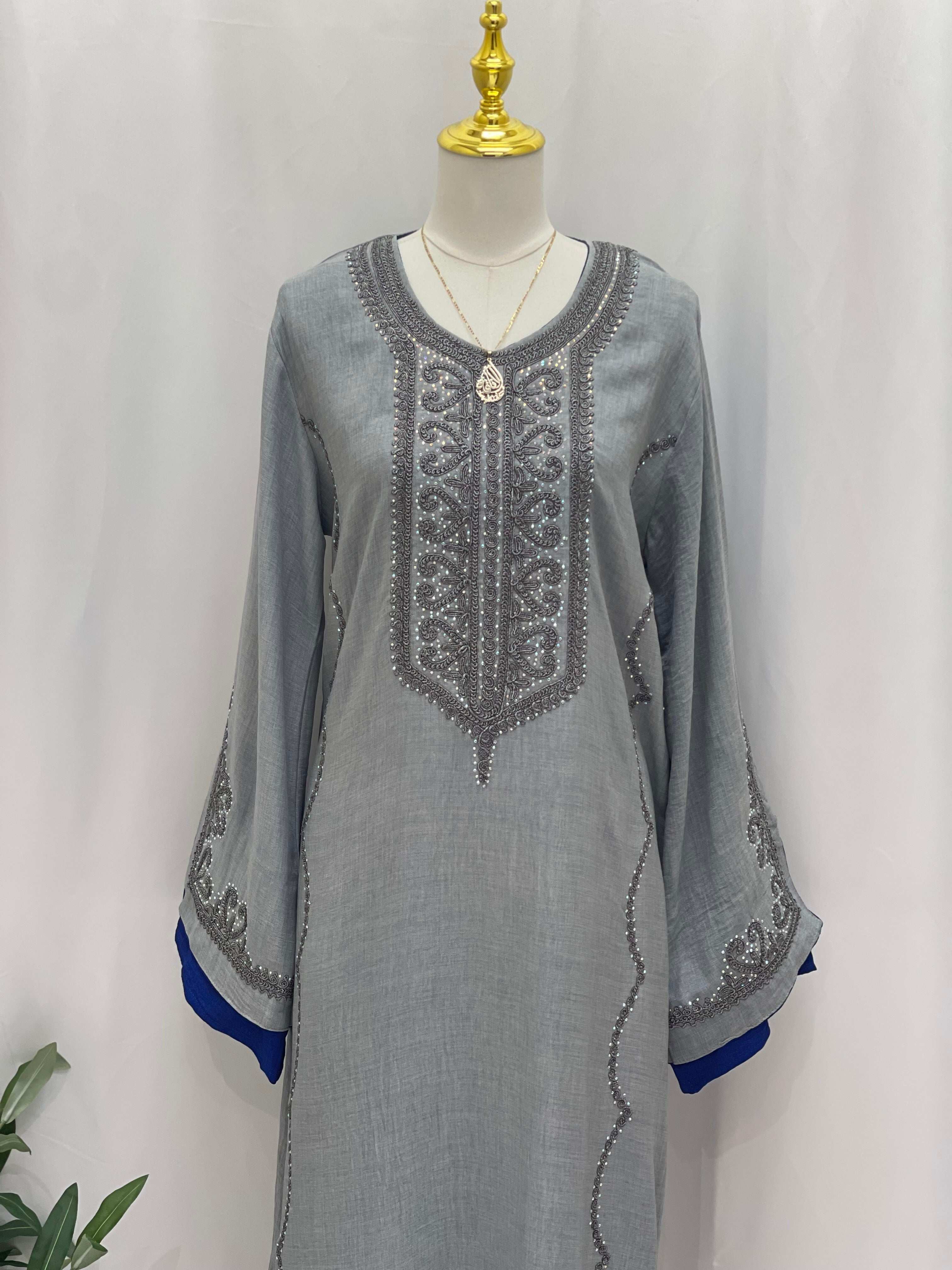 Palestinian Elegance Moroccan  Rana Jalabia gray abaya with intricate embroidery on front and sleeves