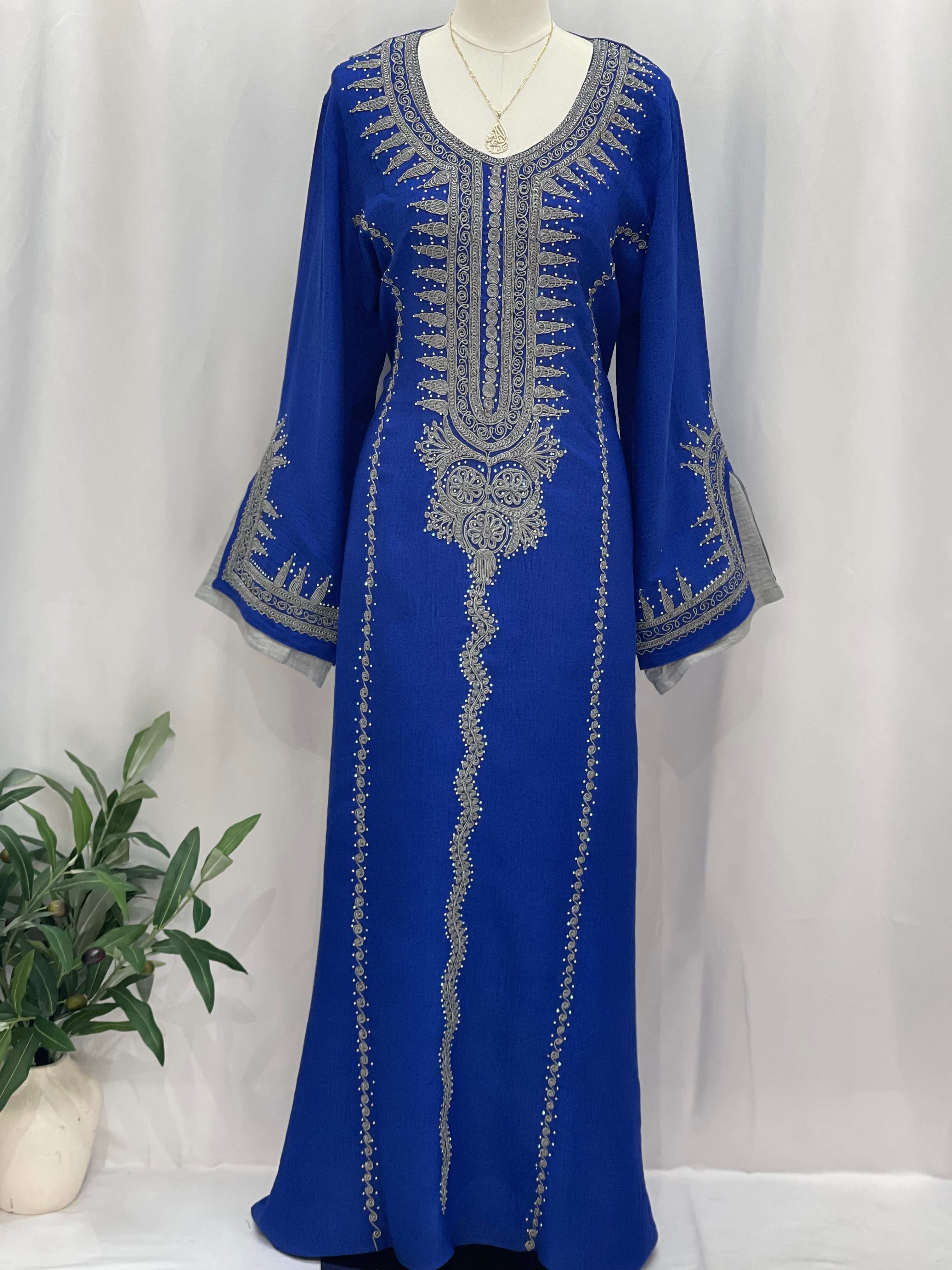 Palestinian Elegance Moroccan Salma Jalabia blue abaya with intricate silver embroidery and long bell sleeves