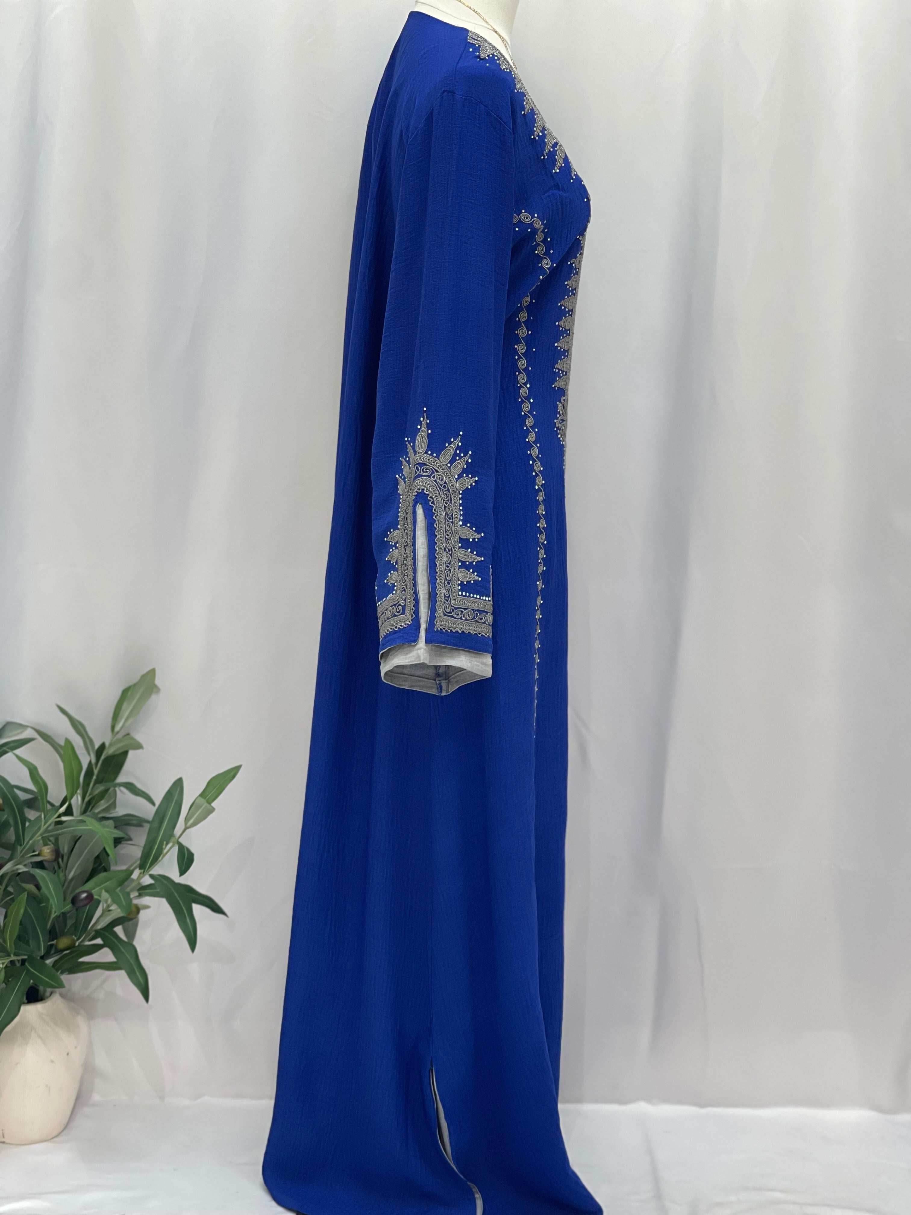 Palestinian Elegance blue abaya with intricate silver embroidery Moroccan Salma Jalabia style