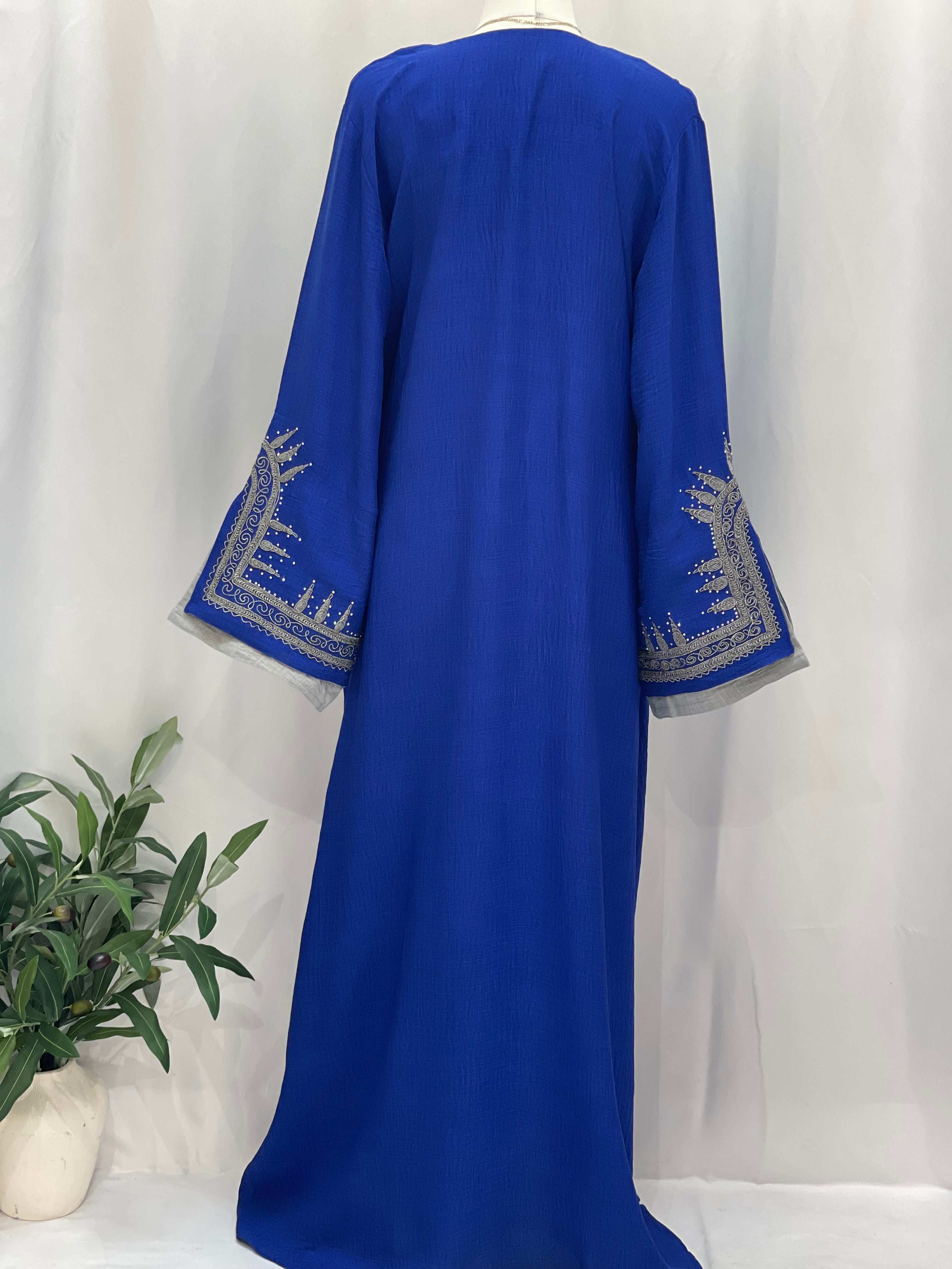 Palestinian Elegance blue abaya with intricate silver embroidery on wide sleeves Moroccan Salma Jalabia