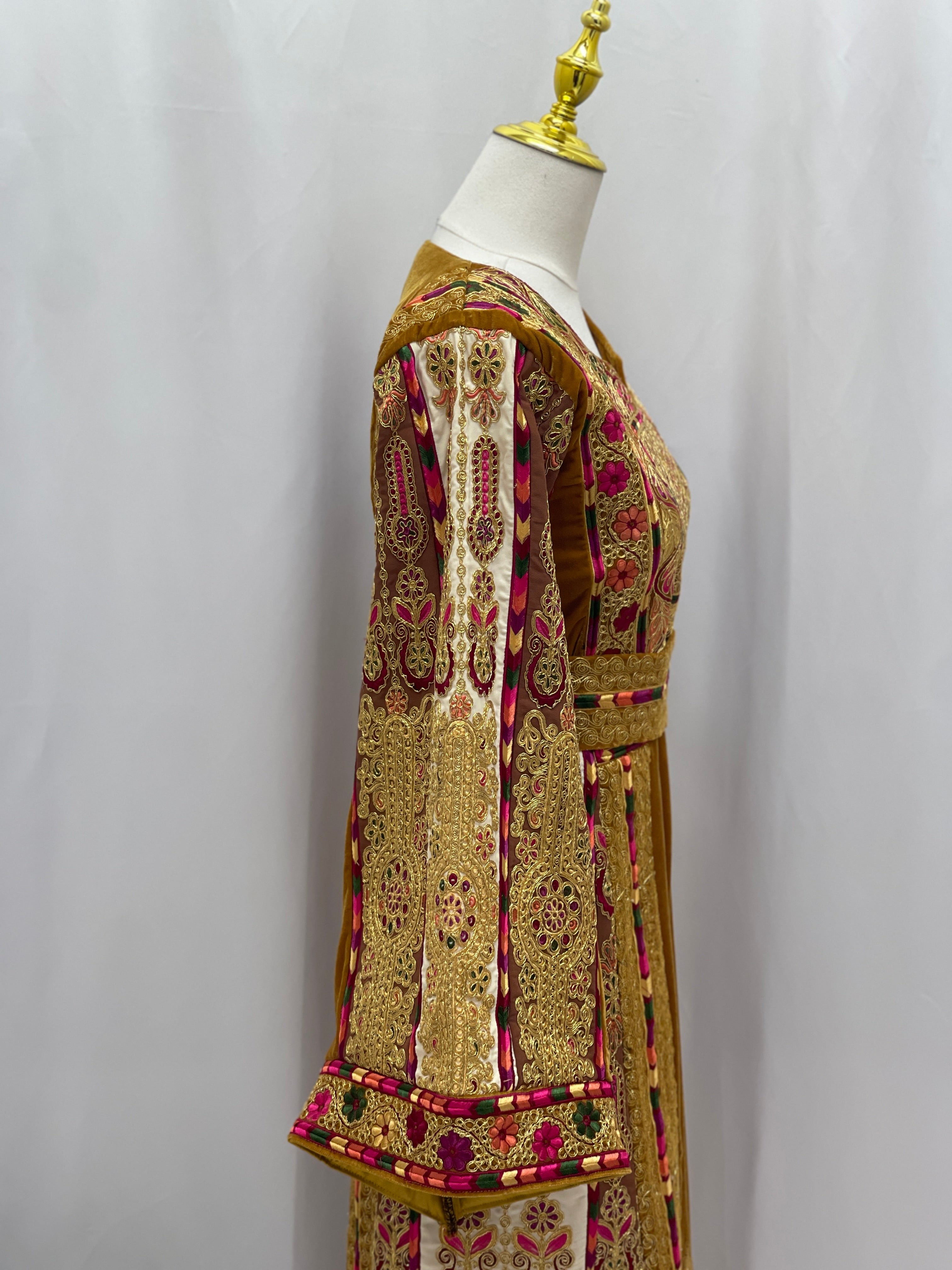 Traditional Malaka Embroidered Thoub with intricate gold and pink embroidery by Palestinian Elegance
