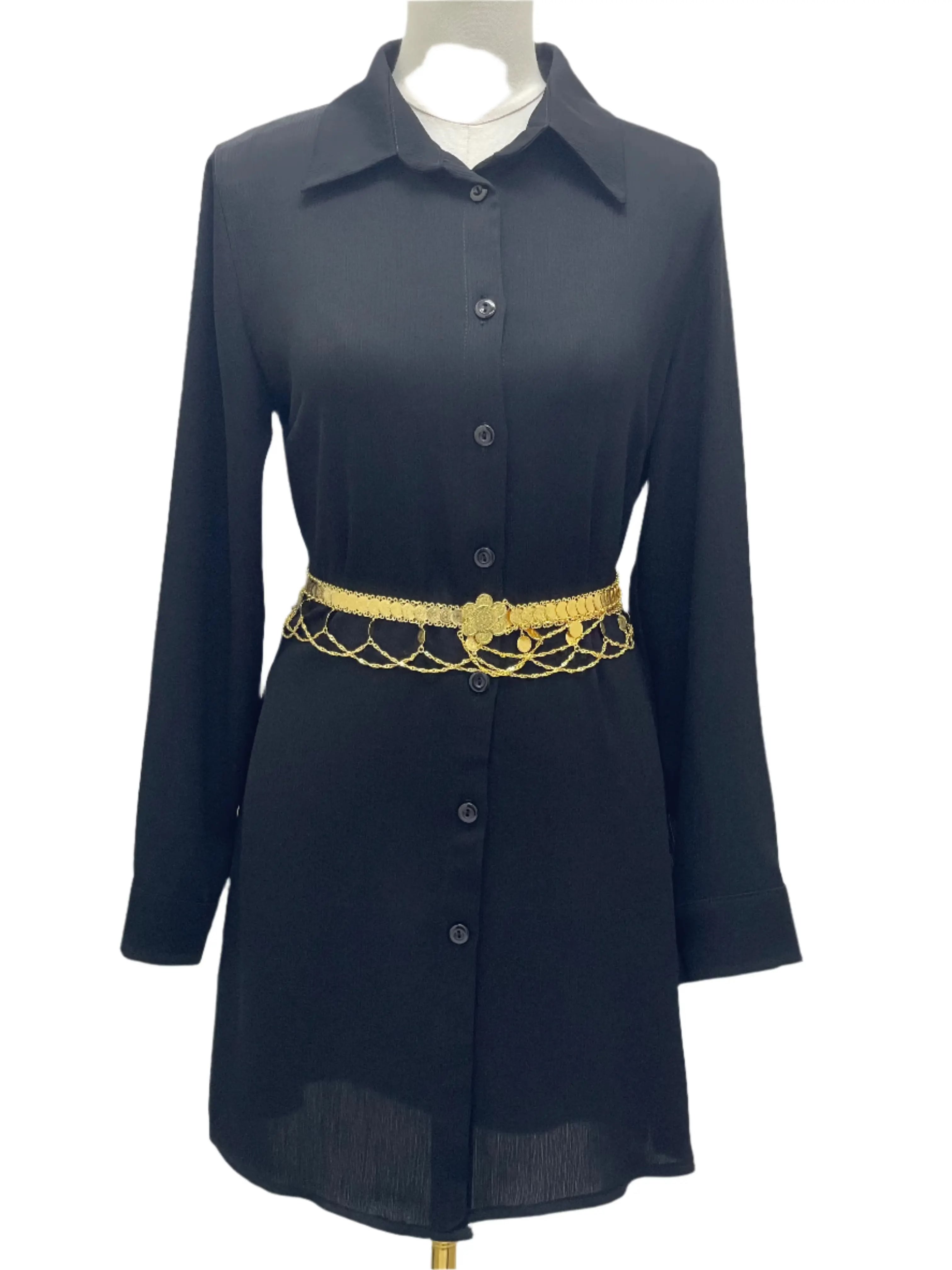 Nada Imitated Gold Floral Belt displayed on black button-up dress by Palestinian Elegance