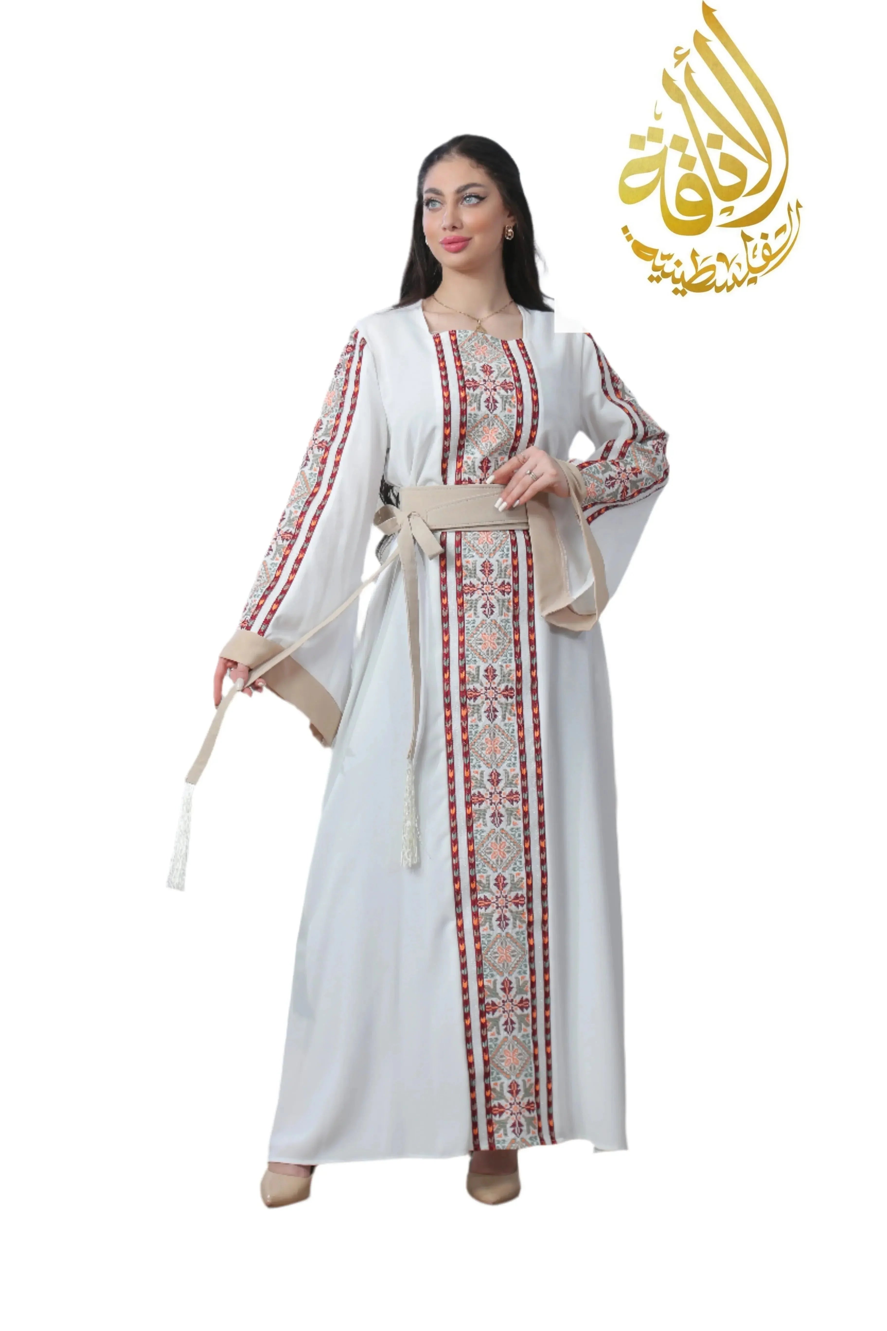 Palestinian Elegance Nadera Embroidered Thoub in white with traditional red and beige embroidery and beige waist belt
