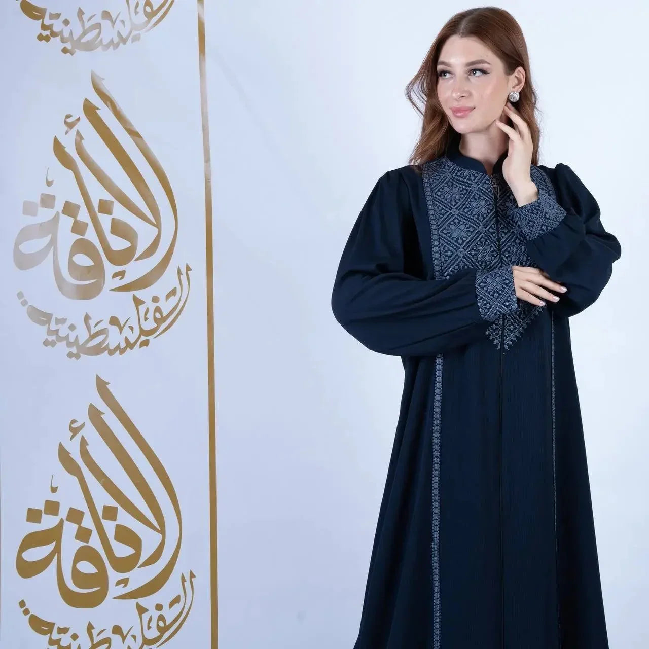 Najwa Embroidered Zipper Abaya: Traditional Elegance Meets Modern Convenience Palestinian Elegance