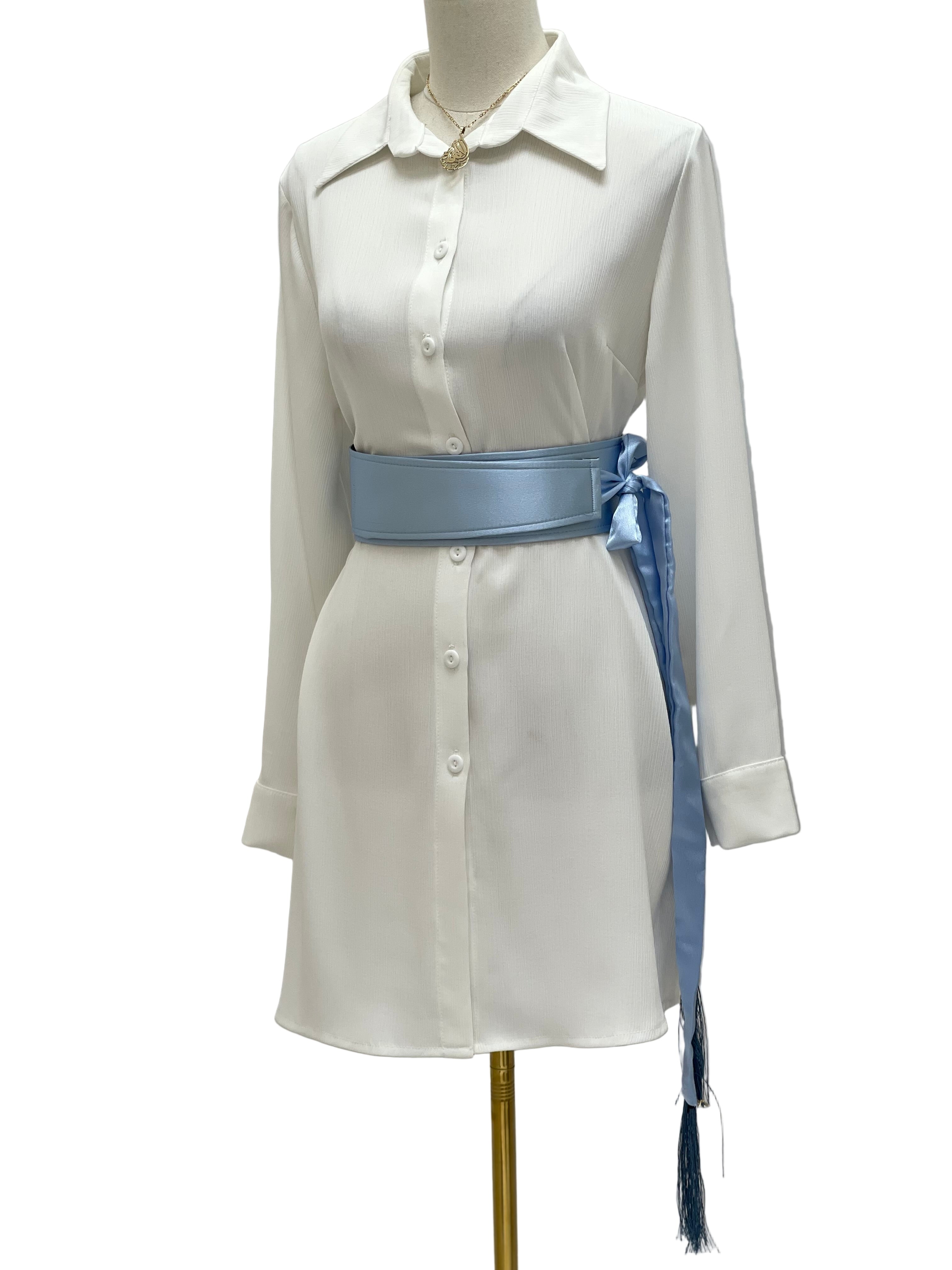 Palestinian Elegance light blue satin belt for dresses styled on white button-down dress