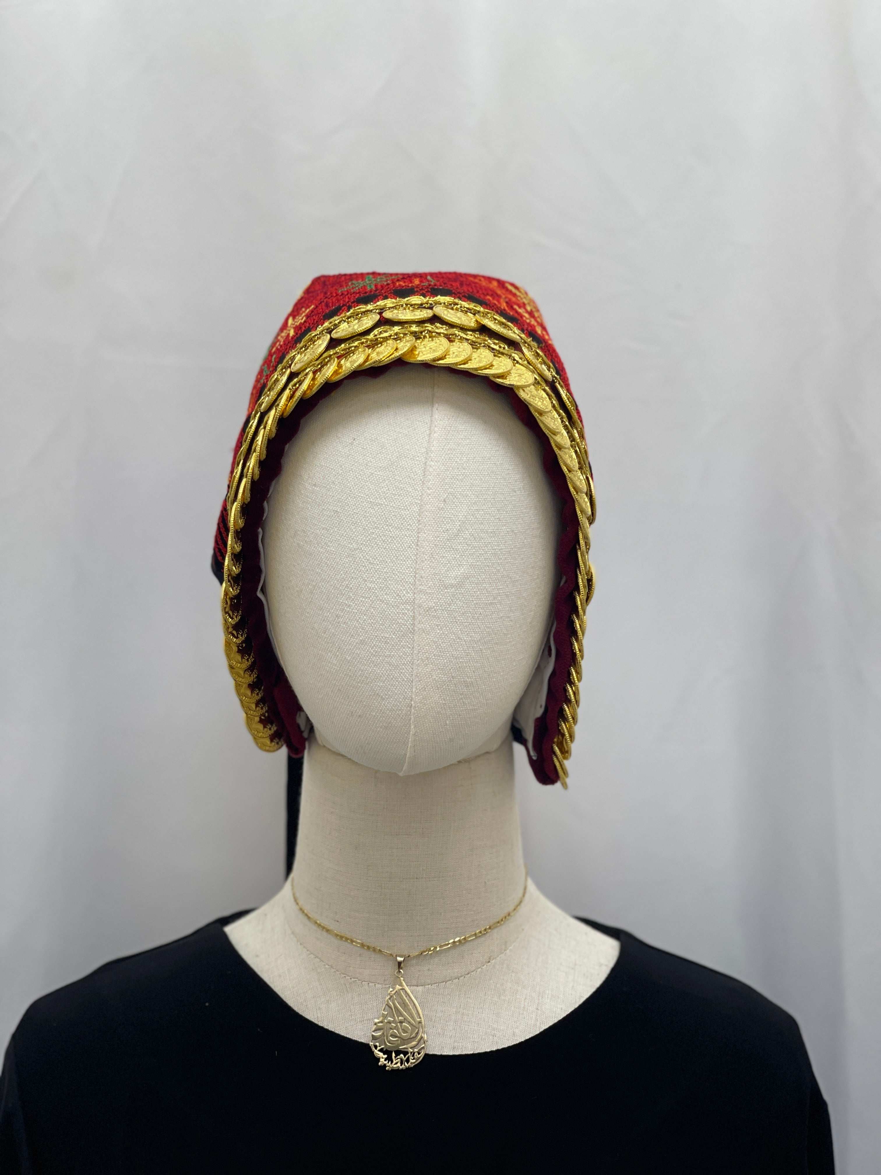 Palestinian Elegance Lerat with gold coin embroidery on red fabric Embroidered Lairs Awka headwear