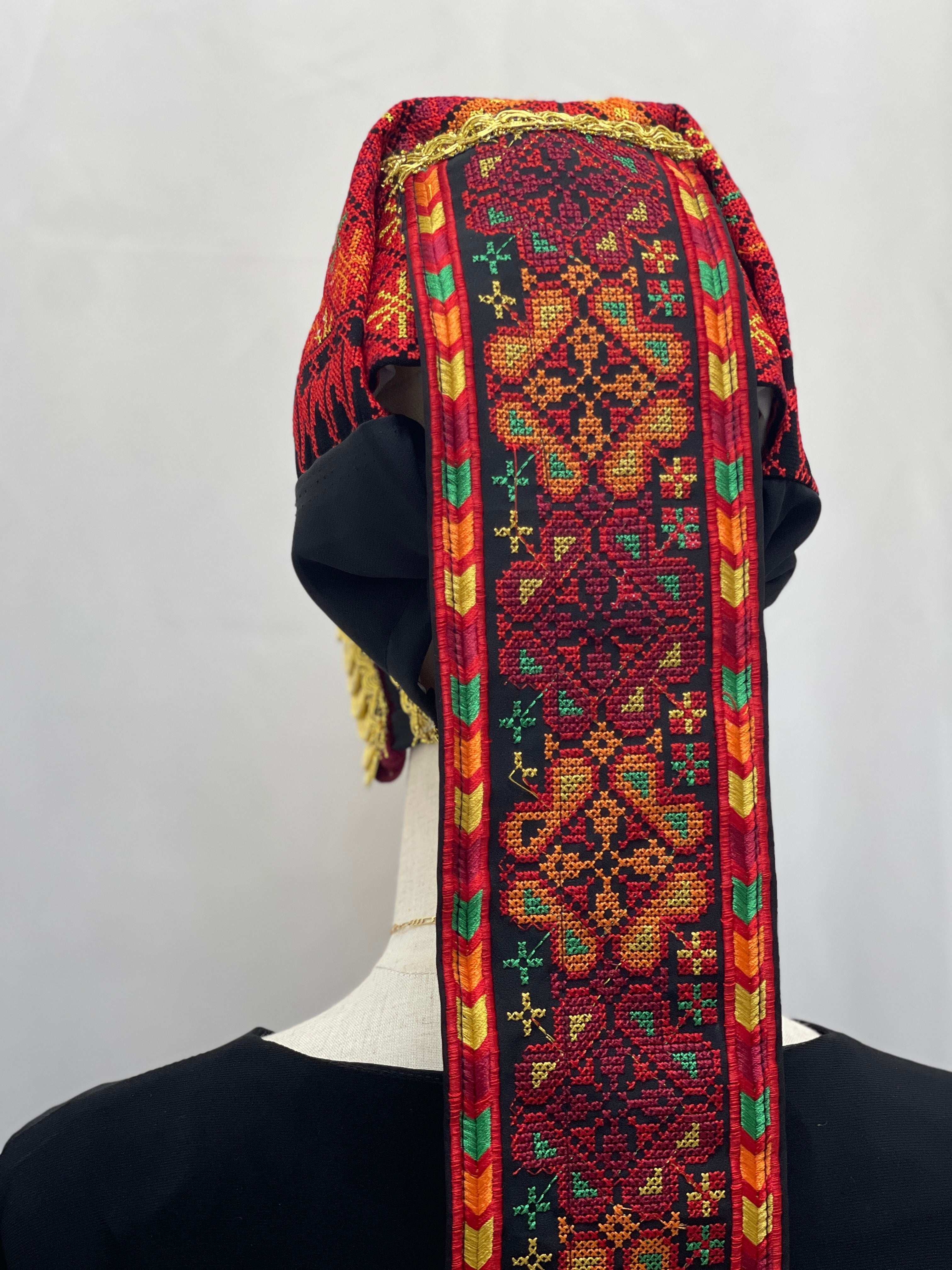 Palestinian Elegance embroidered Lerat with vibrant red and multicolor patterns Embroidered Lairs Awka design